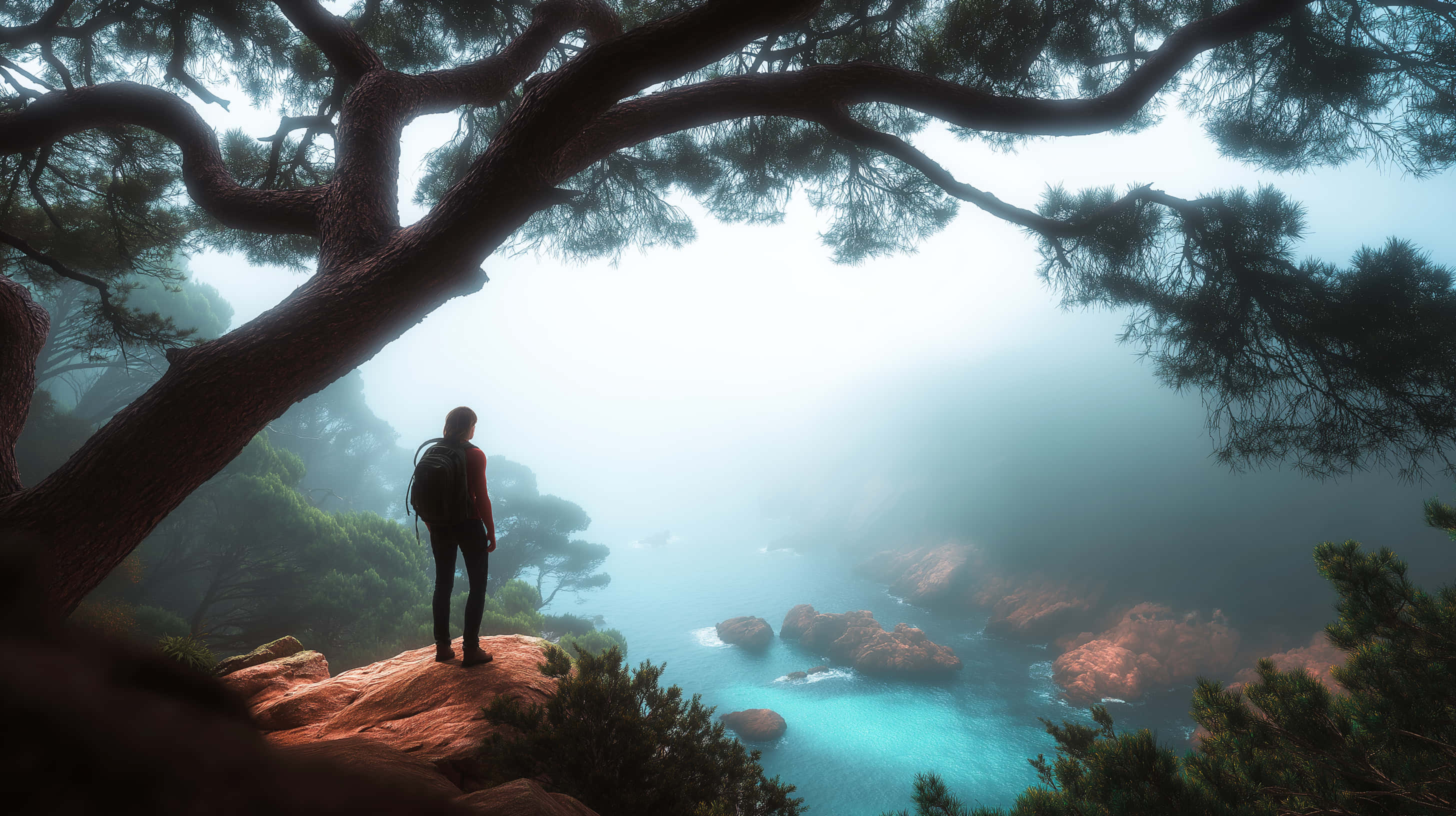backpacker, misty coastal landscape, rocks, 2K Desktop Wallpaper