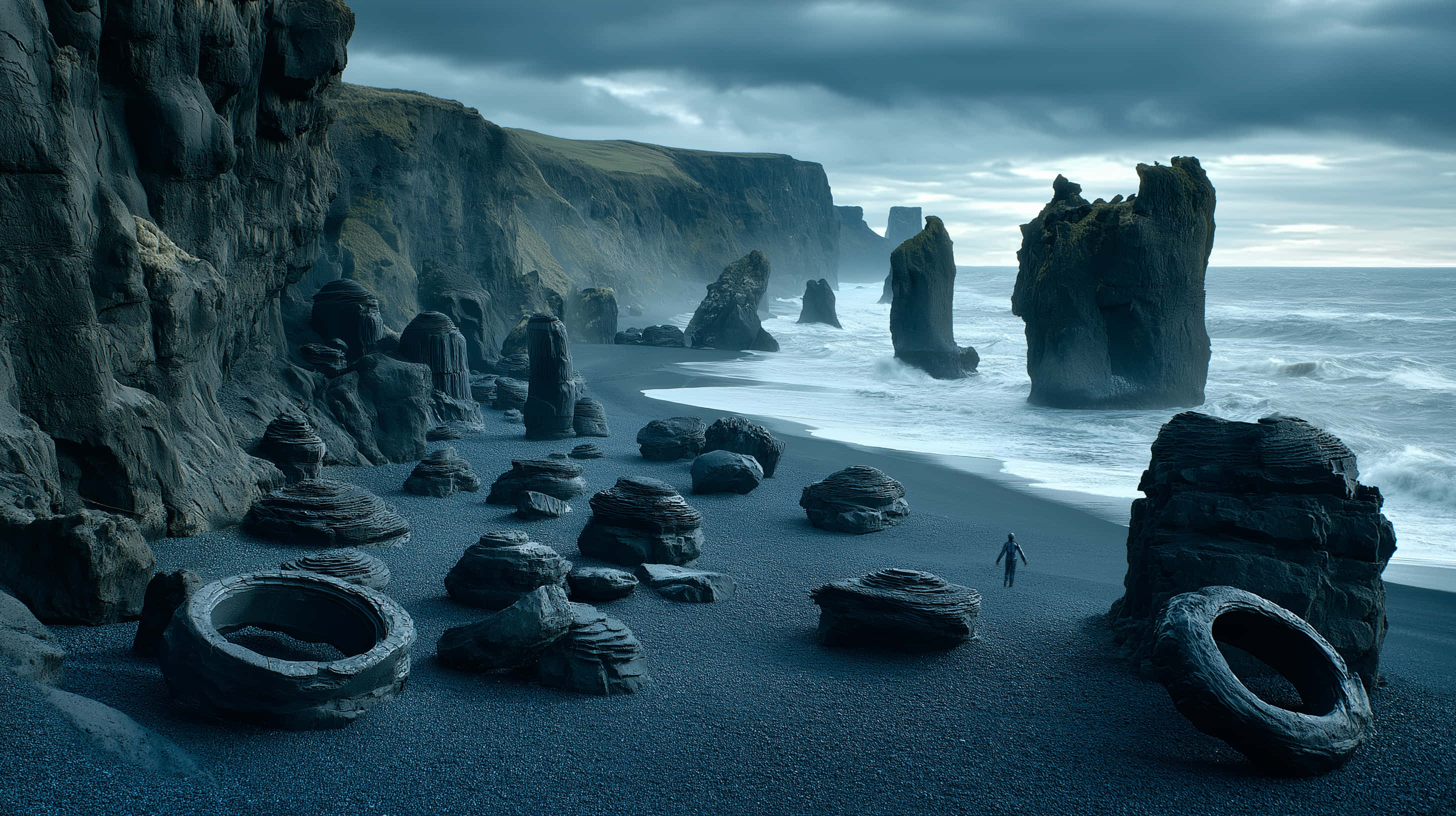 black sand beach, volcanic beach, ancient stone pillars, 2K Desktop Wallpaper