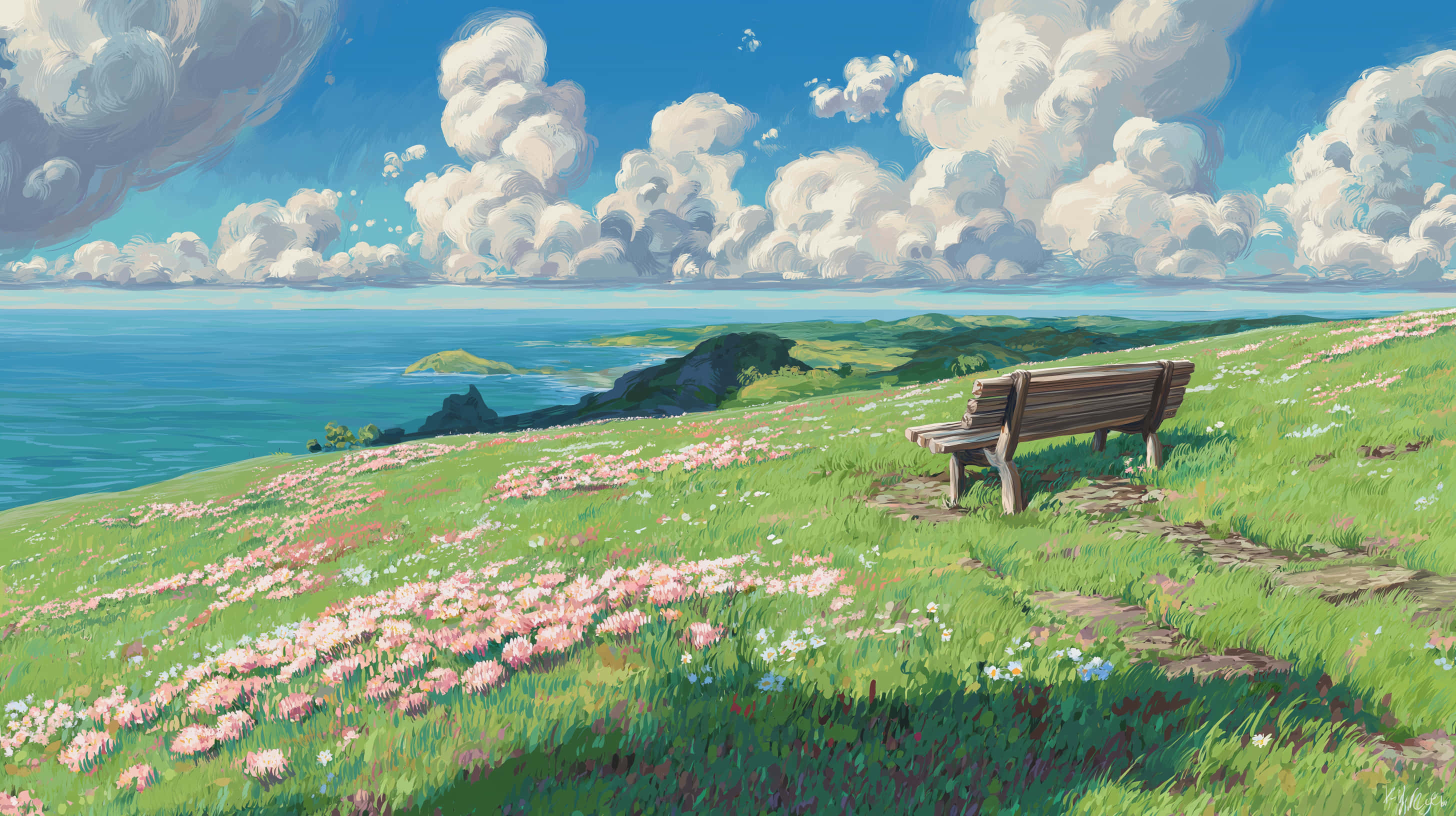 wooden bench, sunlit grassy hill, pink and white flowers, 2K Desktop Wallpaper