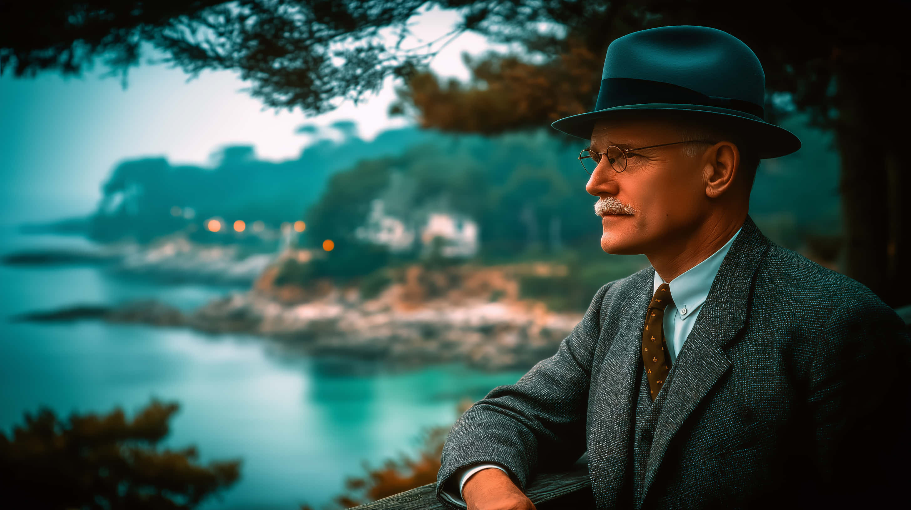 fedora, suit, misty coastal town, 2K Desktop Wallpaper