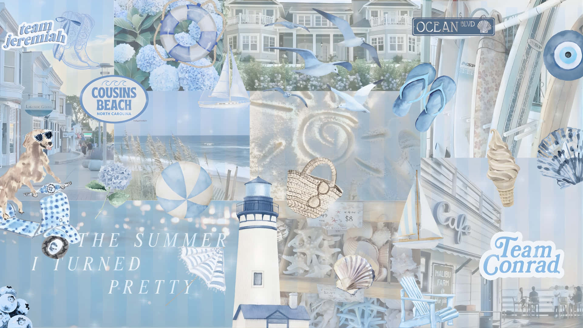 coastal beach decor, soft blue tones, lighthouses, Full HD Desktop Wallpaper