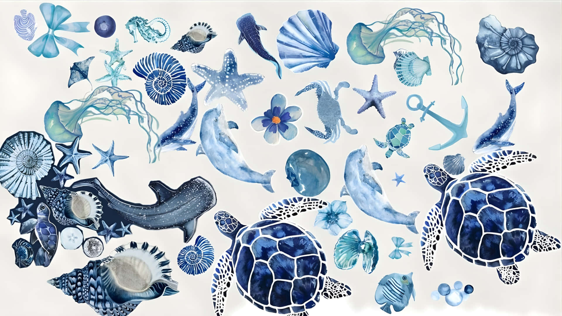 coastal, marine life, watercolor collage, Full HD Desktop Wallpaper
