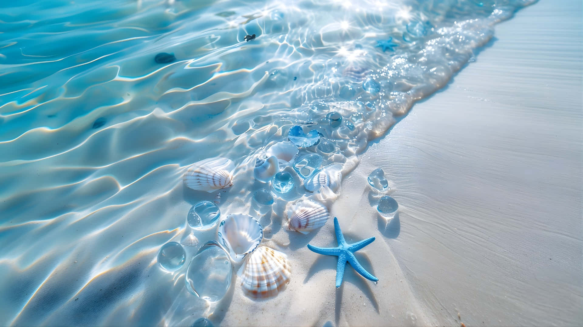 Coastal Beach, starfish, turquoise waves, Full HD Desktop Wallpaper