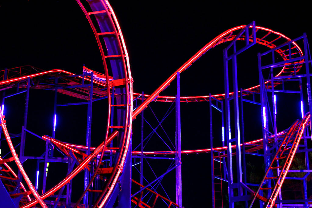 roller coaster railway, neon colors, vibrant red, SD Desktop Wallpaper