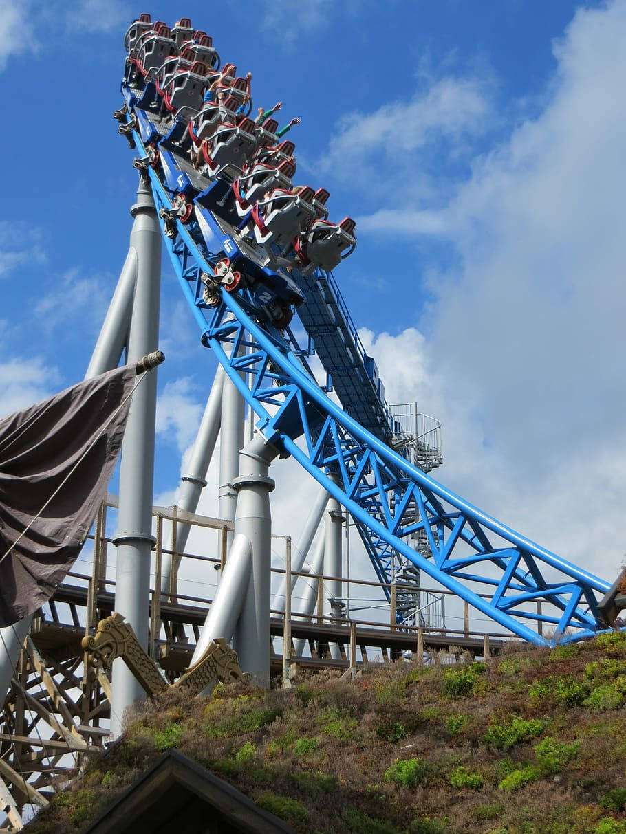 blue steel roller coaster, bright blue sky, scattered clouds, SD Phone Wallpaper