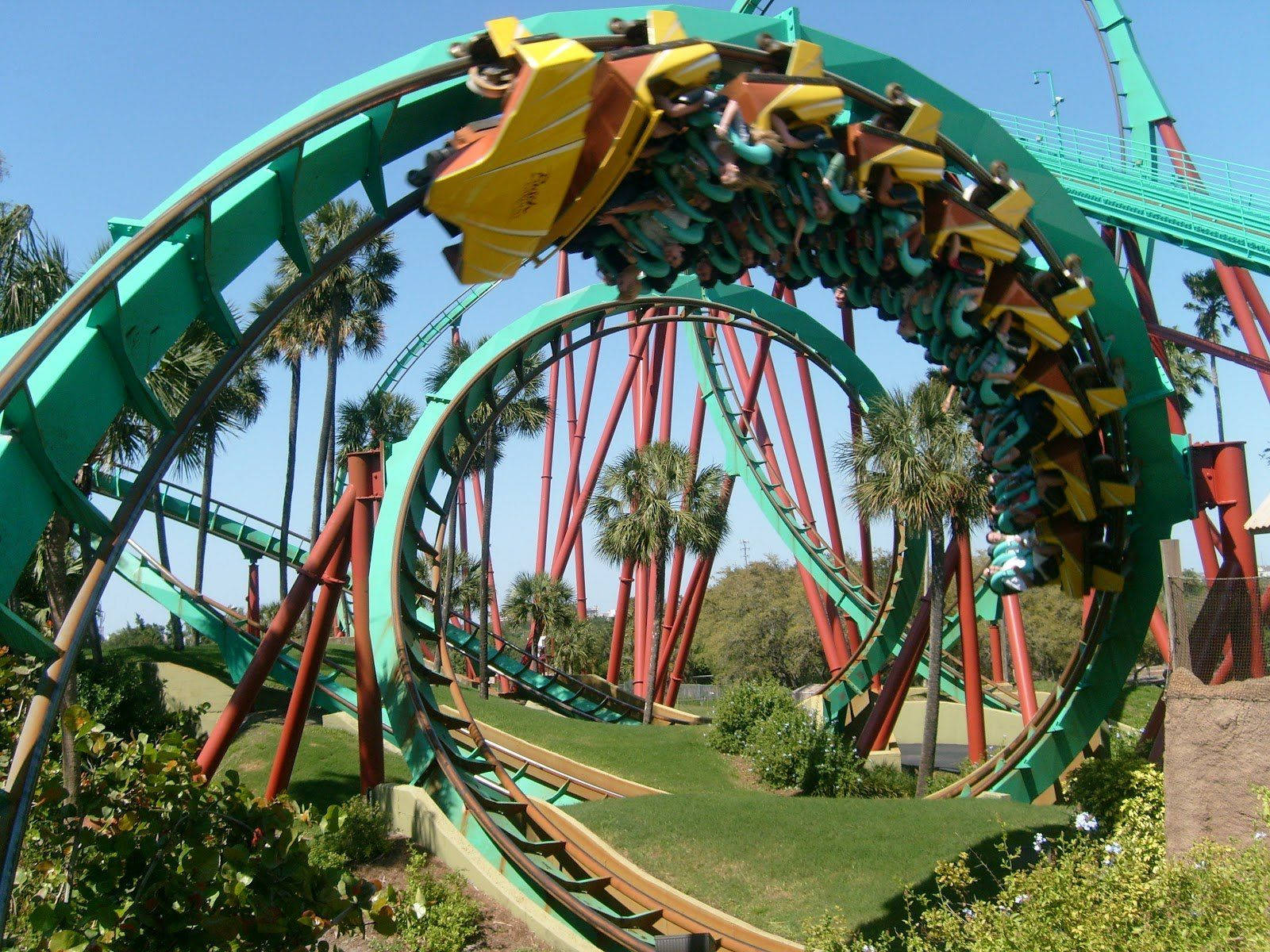 yellow roller coaster car, vibrant green track, palm trees, HD Desktop Wallpaper