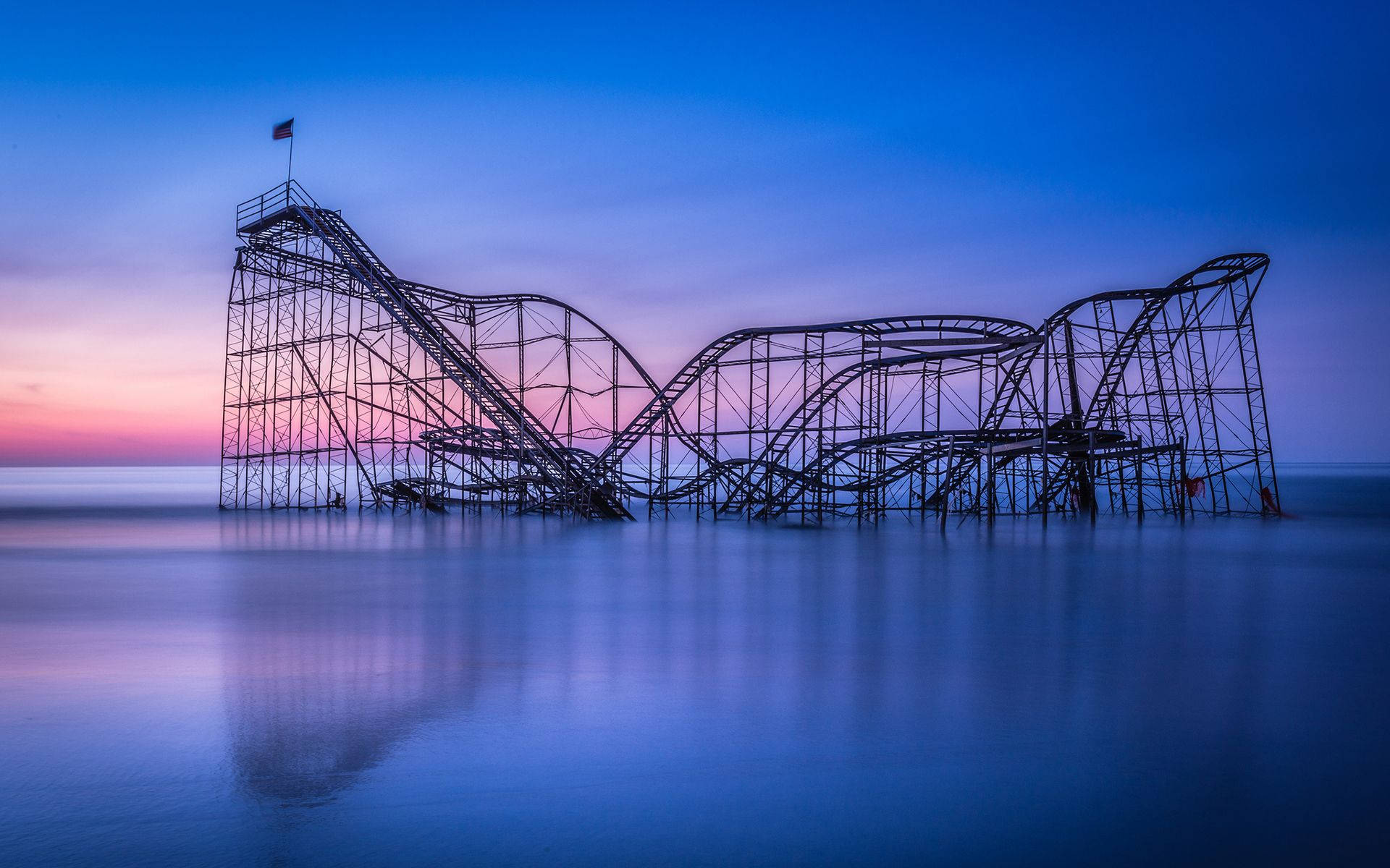 massive roller coaster, in the sea, calm water, Full HD Desktop Wallpaper