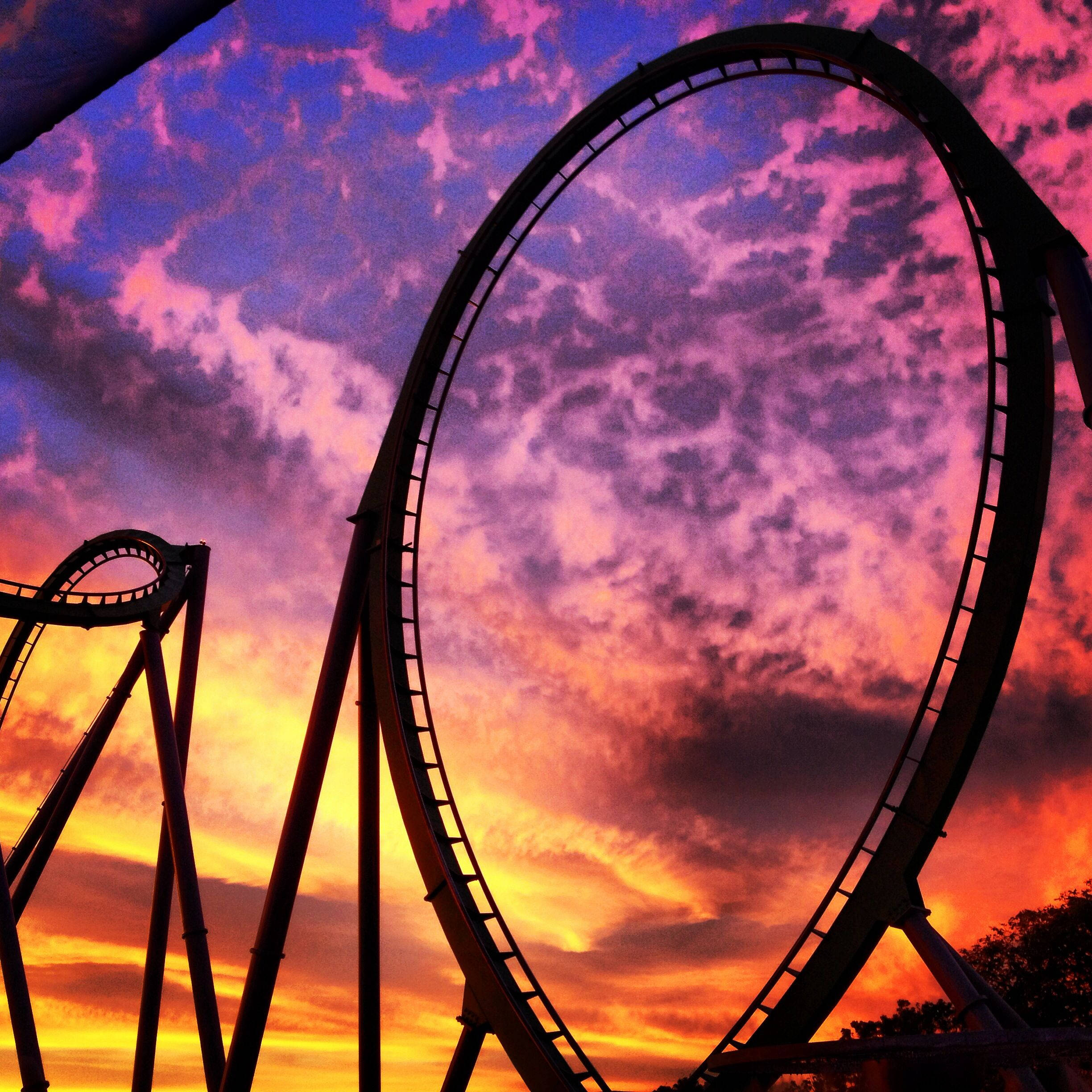 roller coaster, purple orange clouds, fiery sunset, Full HD Desktop Wallpaper
