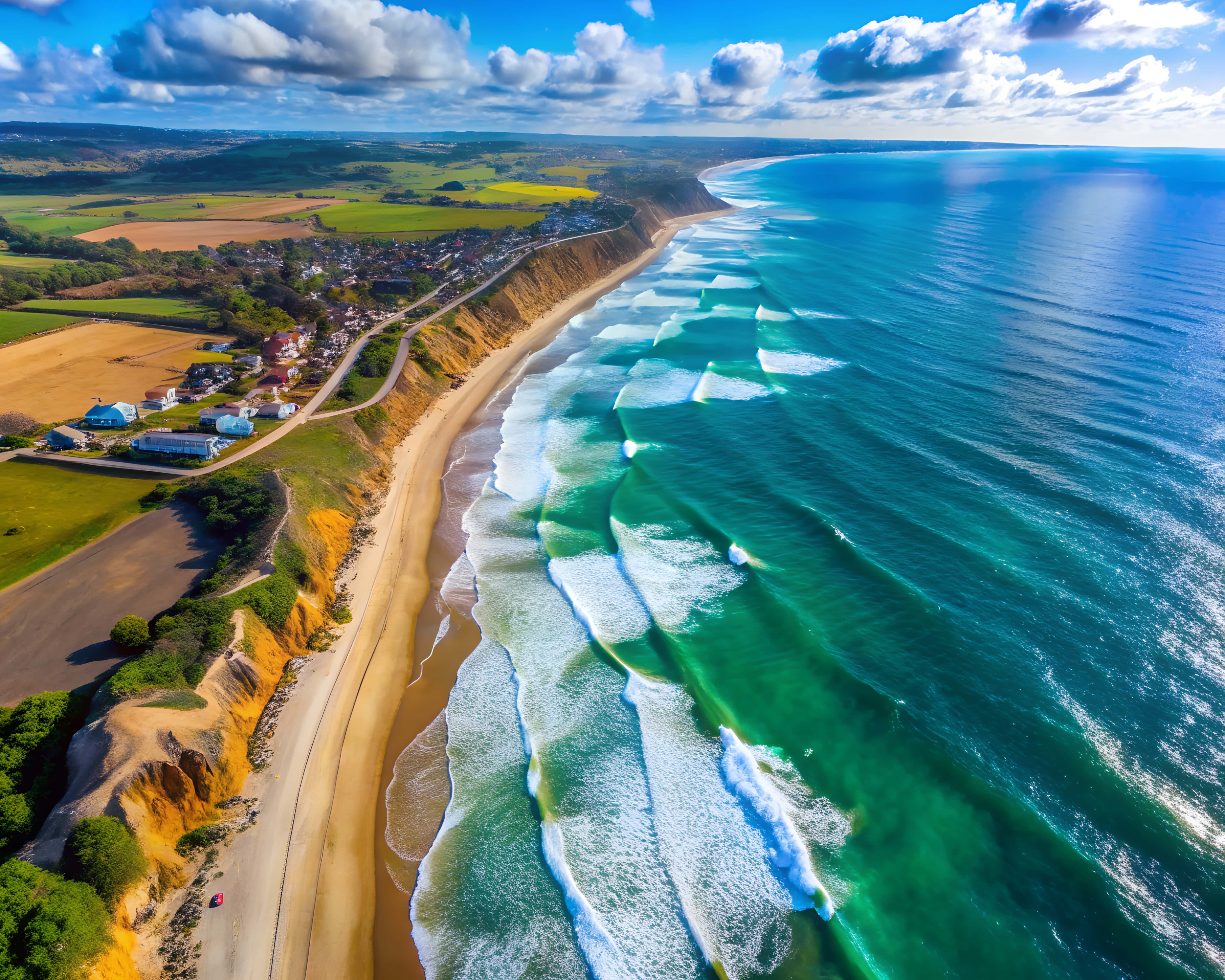 turquoise waves, golden beach, colorful cliffs, 4K Desktop Wallpaper