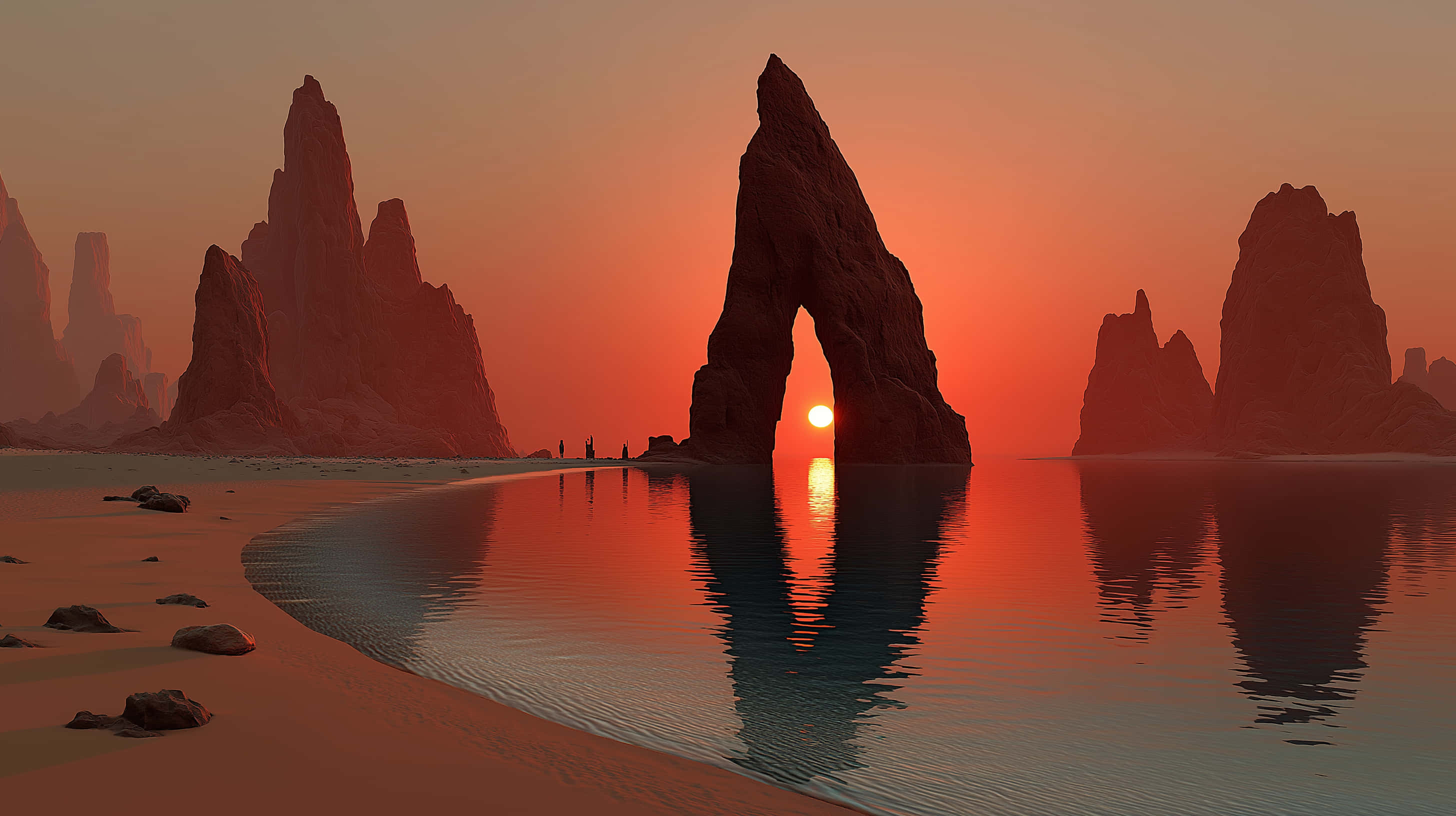 epic red sunset, mystical coastal mountains, natural stone arch, 2K Desktop Wallpaper