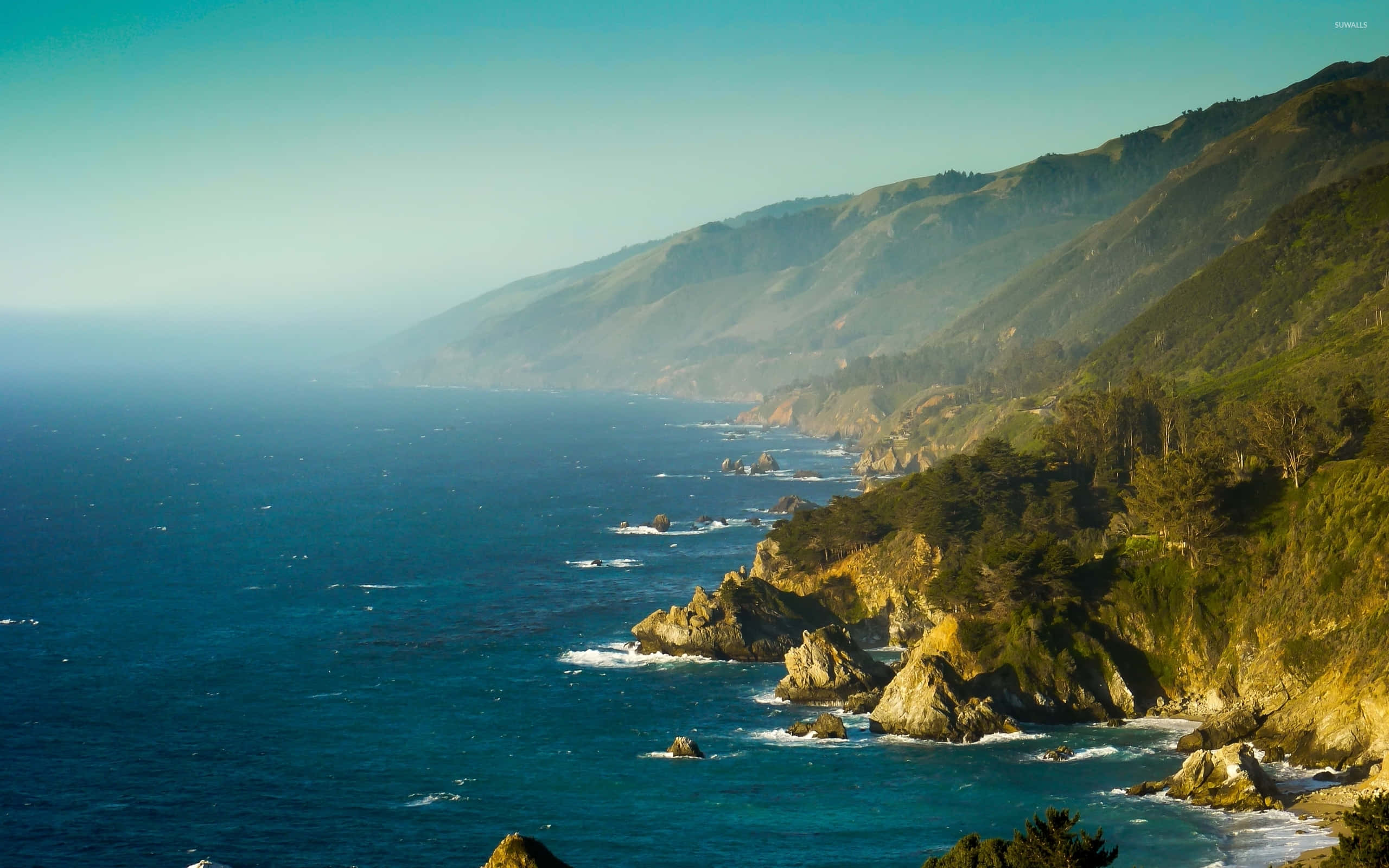 Coastline, Sunset, coastal cliffs, 2K Desktop Wallpaper