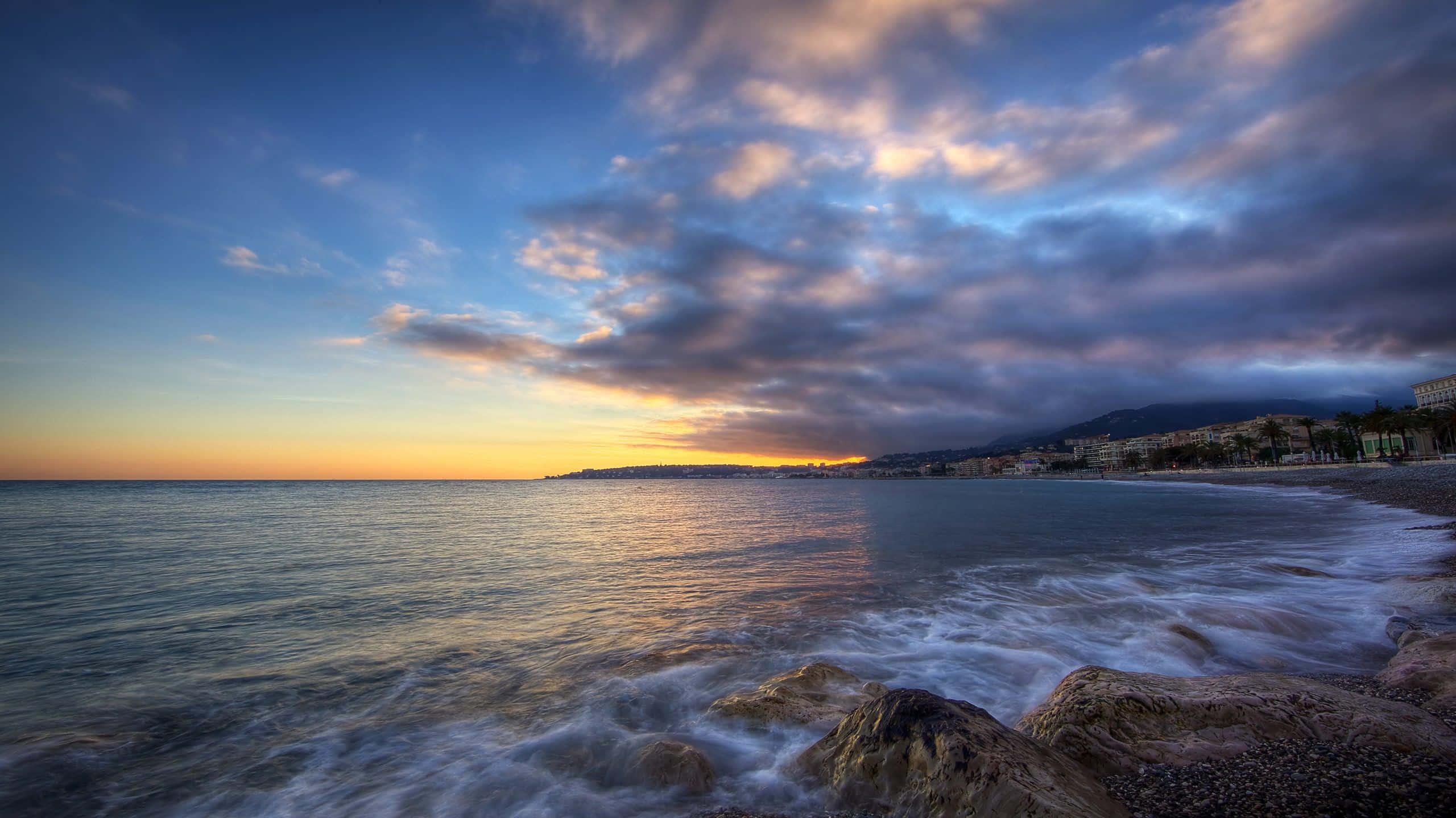 Coastline, Sunset, golden orange, 2K Desktop Wallpaper