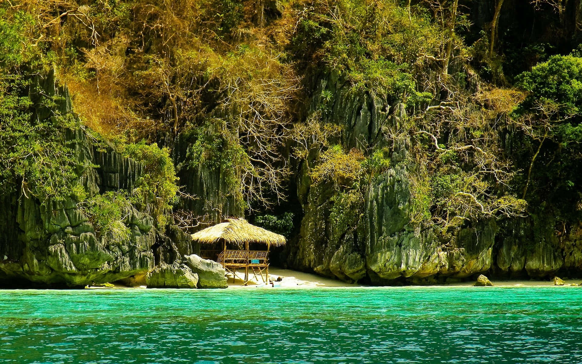 Coastline, thatched-roof hut, white sand beach, Full HD Desktop Wallpaper