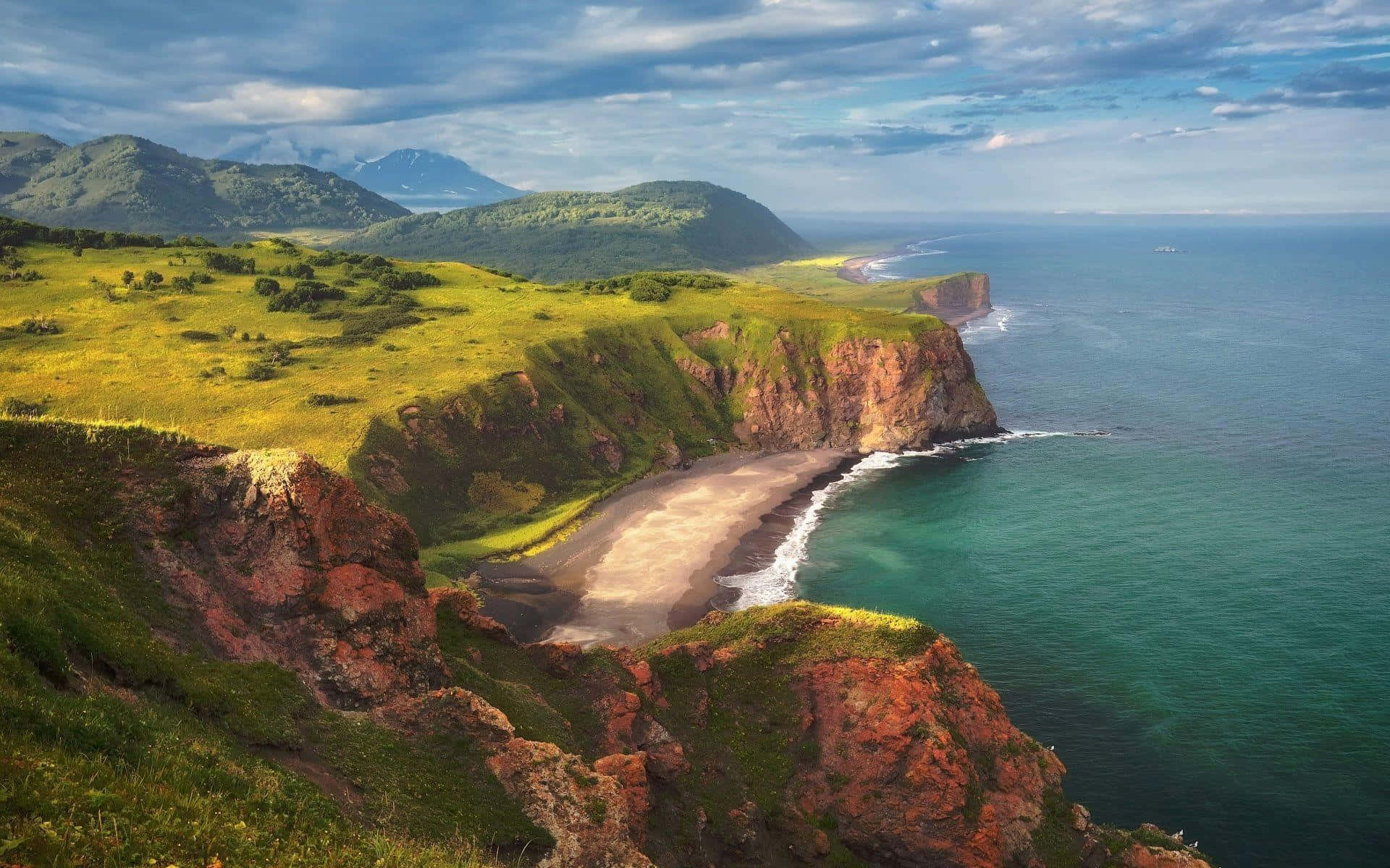 Coastline, coastal cliffside, lush green hills, Full HD Desktop Wallpaper