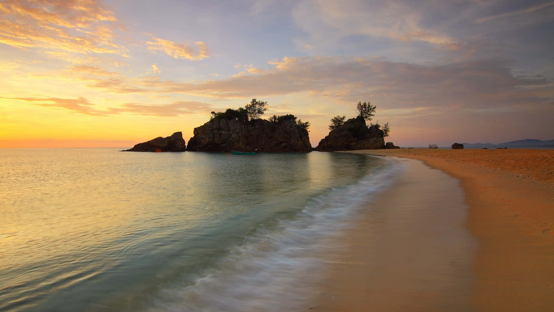 Coastline, Sunset, calm ocean waves, Full HD Desktop Wallpaper