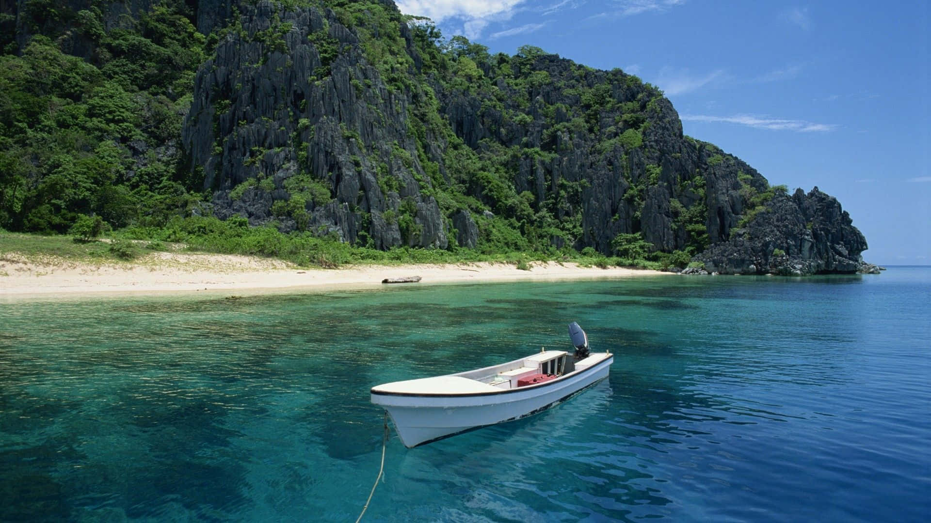 Coastline, white motorboat, crystal clear turquoise waters, Full HD Desktop Wallpaper