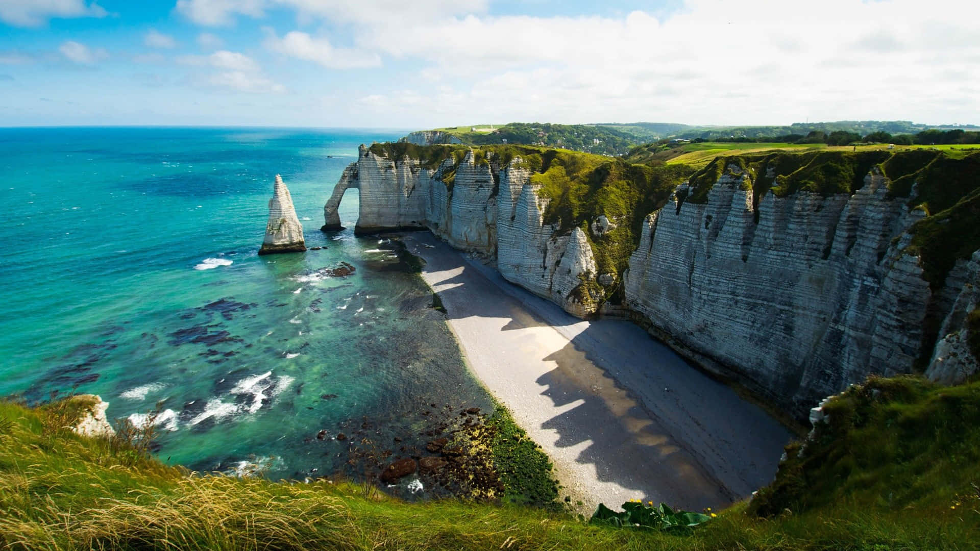 Coastline, white chalk cliffs, natural arch, Full HD Desktop Wallpaper