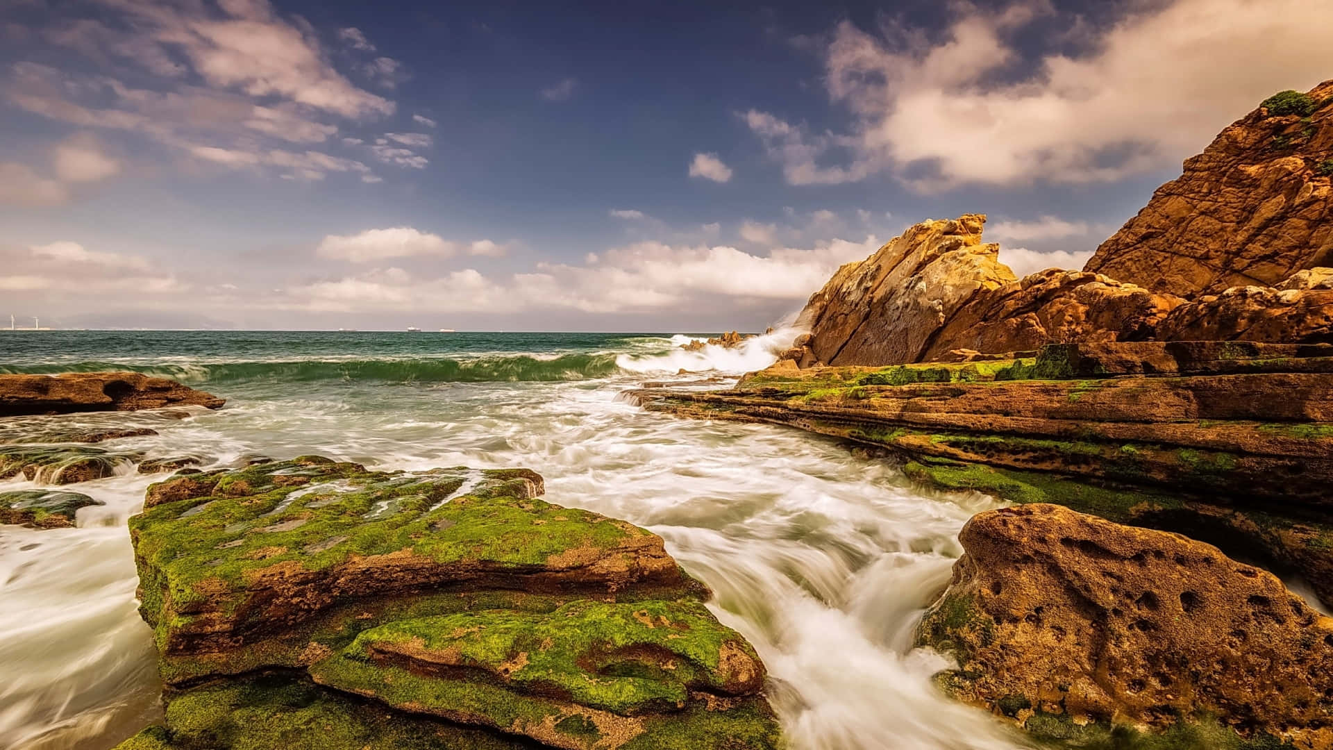 Coastline, Sunset, ocean waves, Full HD Desktop Wallpaper