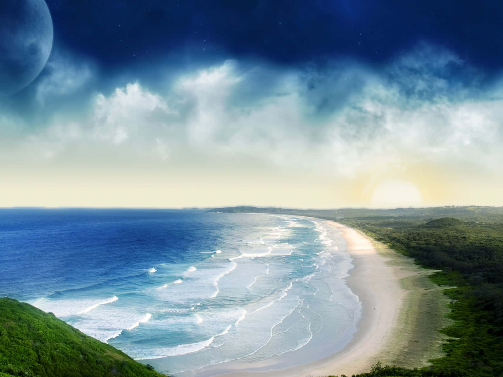 Coastline, turquoise waves, sandy shore, HD Desktop Wallpaper