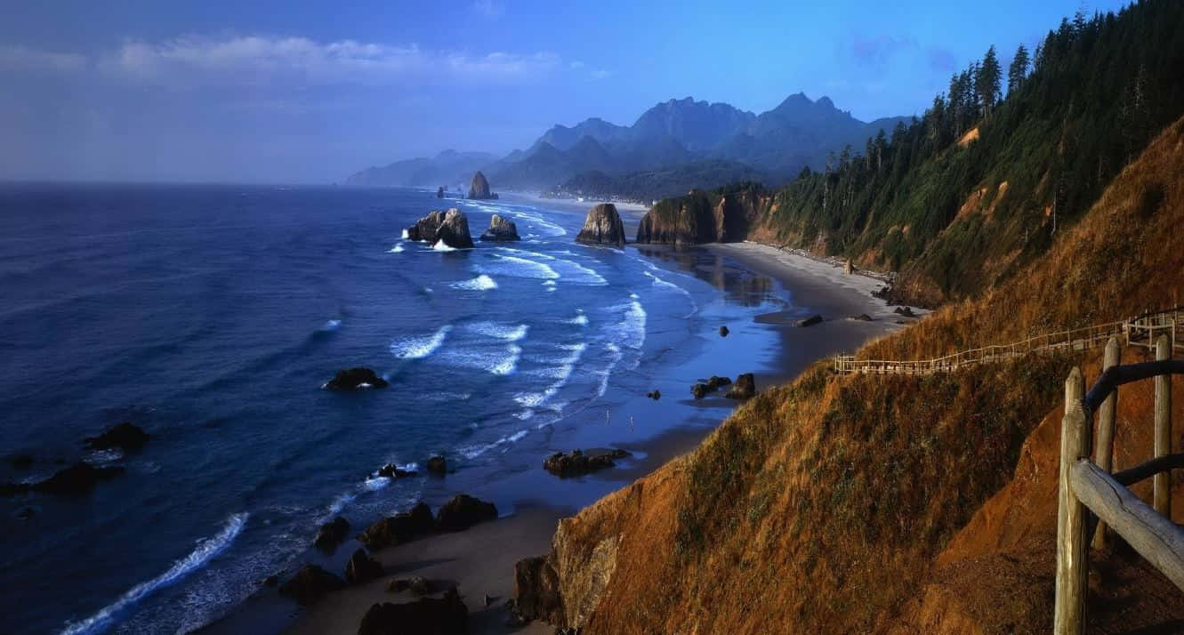 Coastline, deep blue ocean, rocky shores, HD Desktop Wallpaper