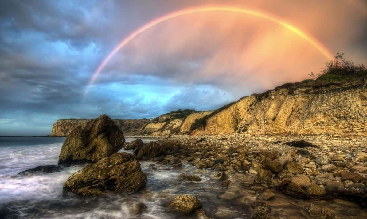 Coastline, double rainbow, rugged coastal cliff, SD Desktop Wallpaper