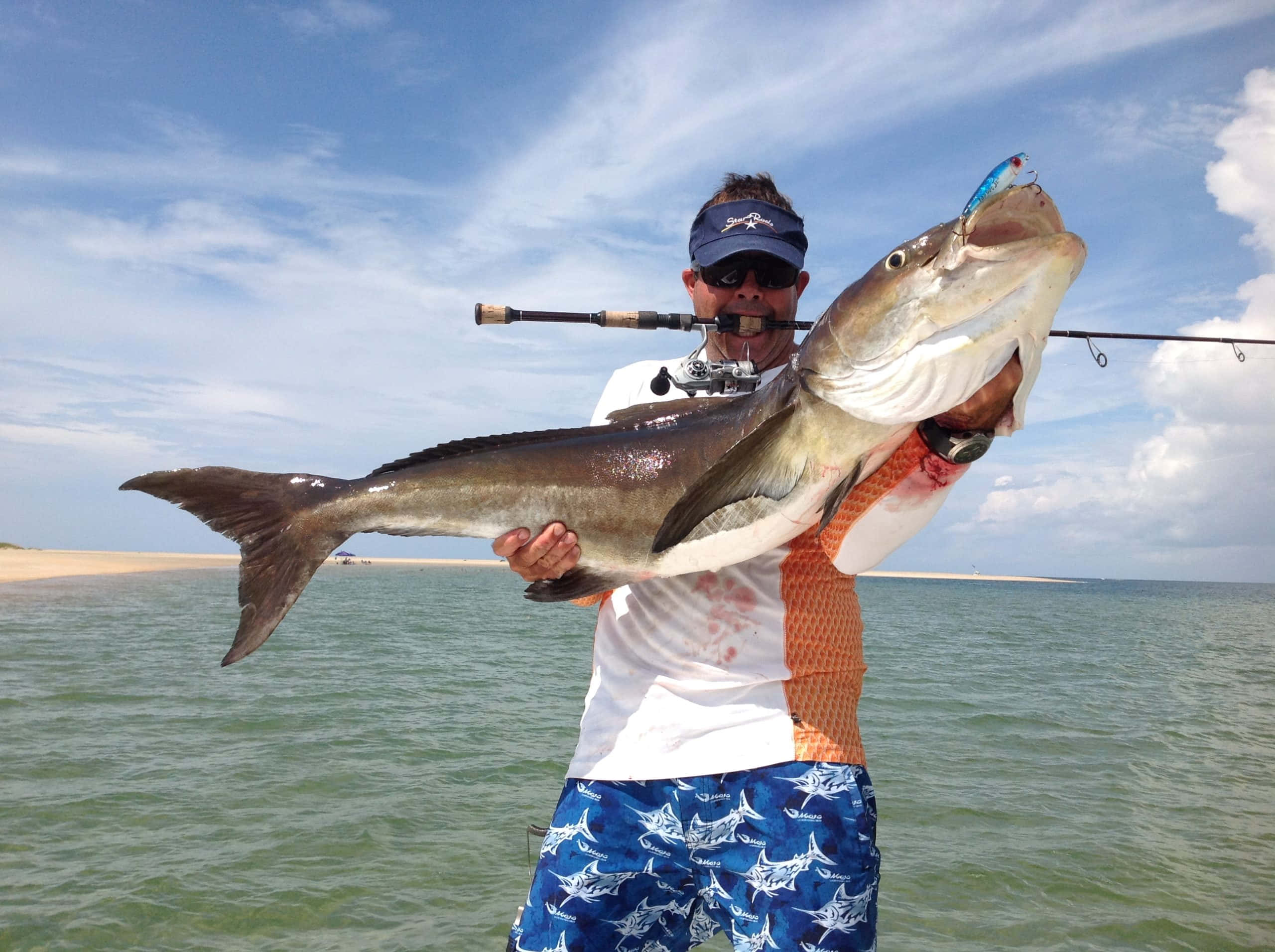 angler, caught cobia, ocean, 2K Desktop Wallpaper