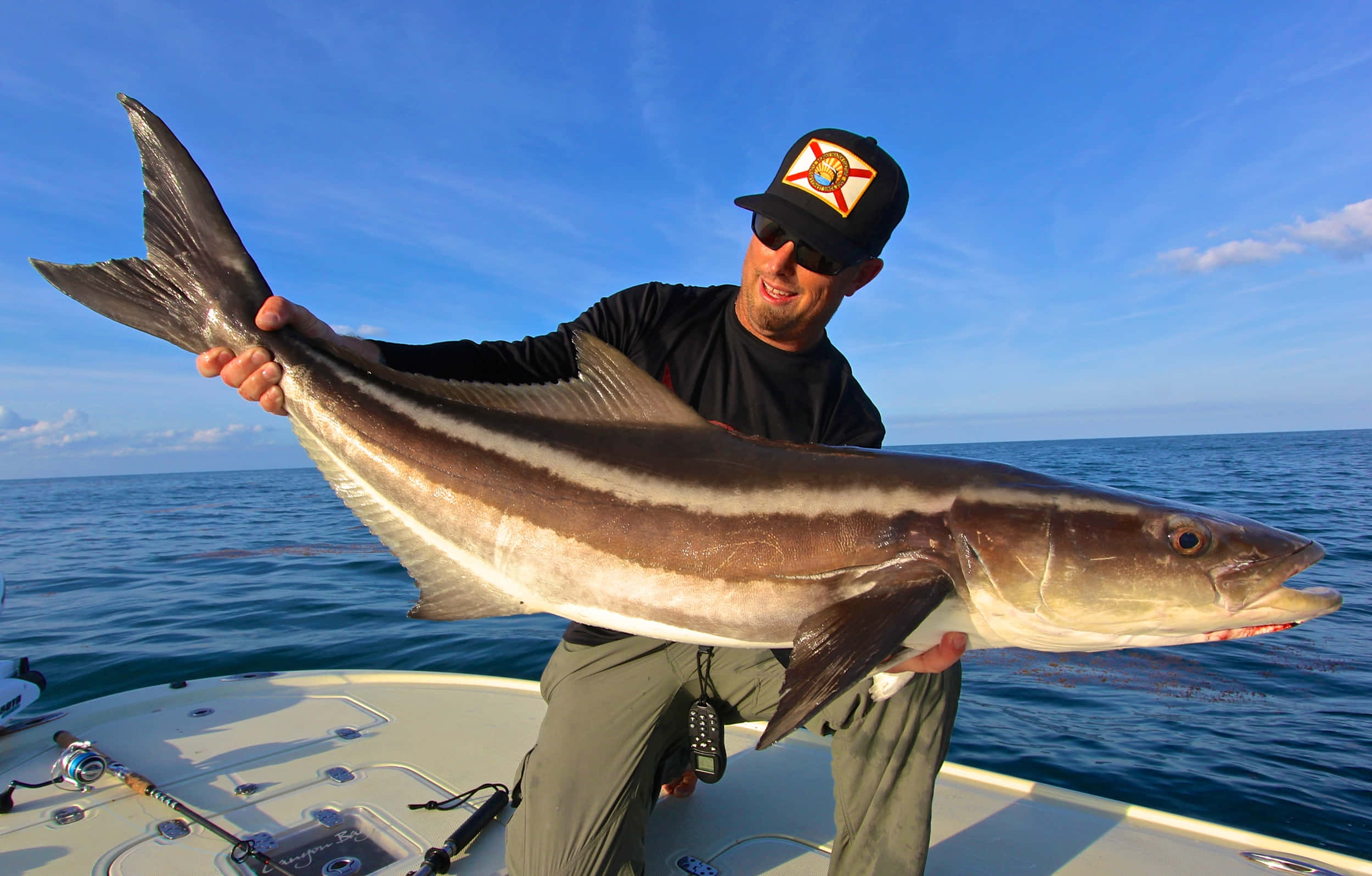 angler, caught cobia, boat, Full HD Desktop Wallpaper
