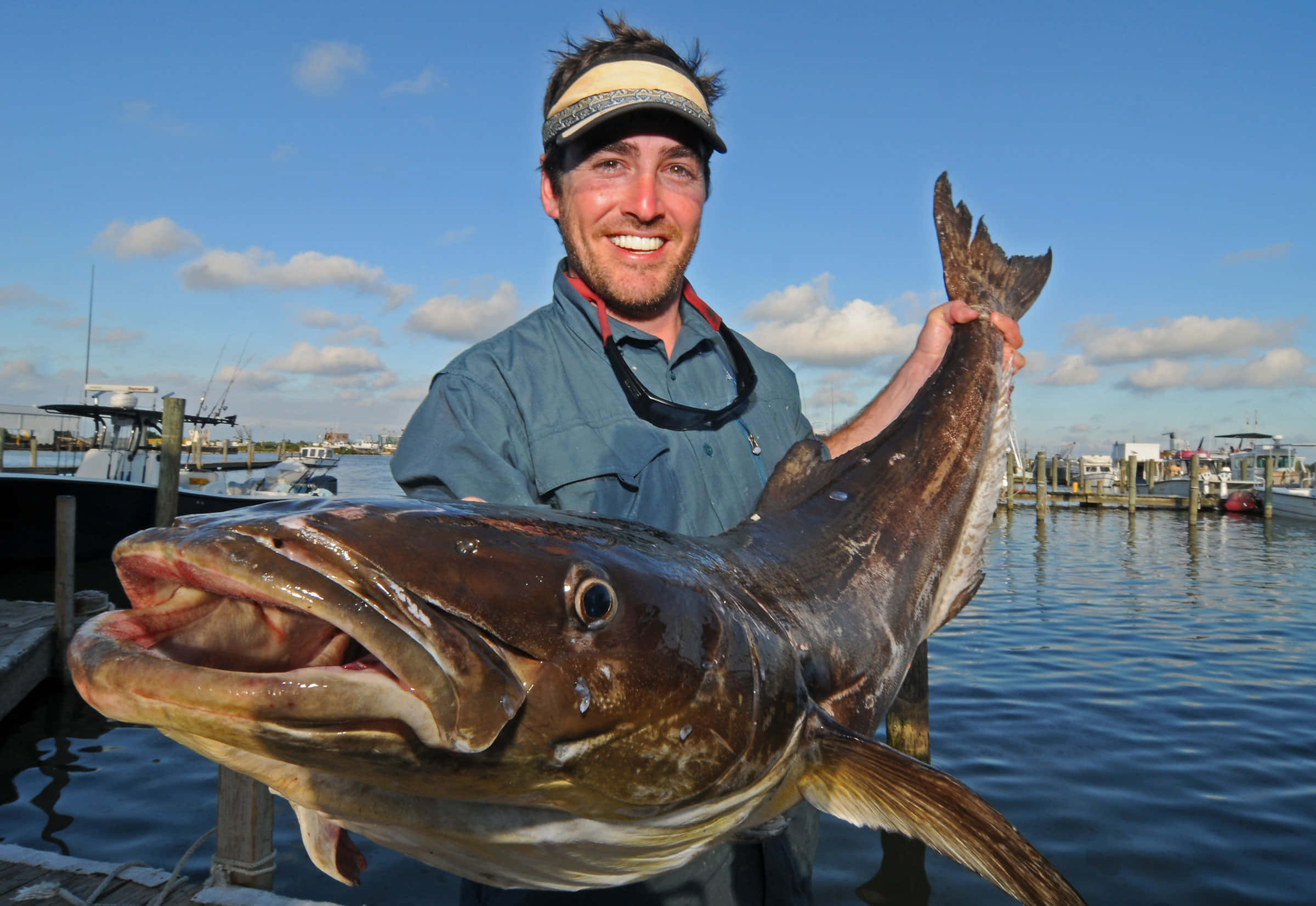 angler, caught cobia, marina, Full HD Desktop Wallpaper