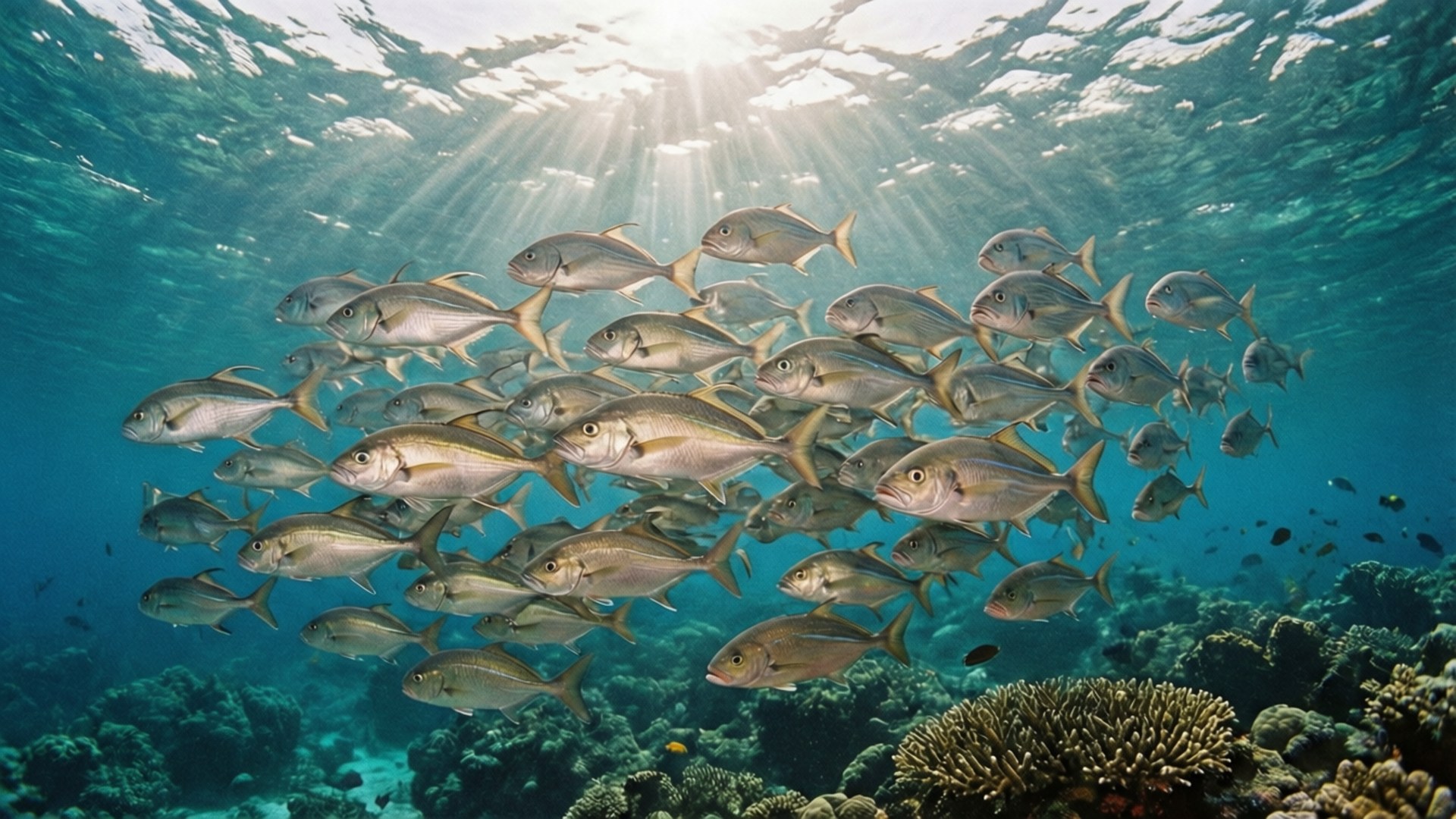 school of cobia, tropical water, sun-dappled, Full HD Desktop Wallpaper