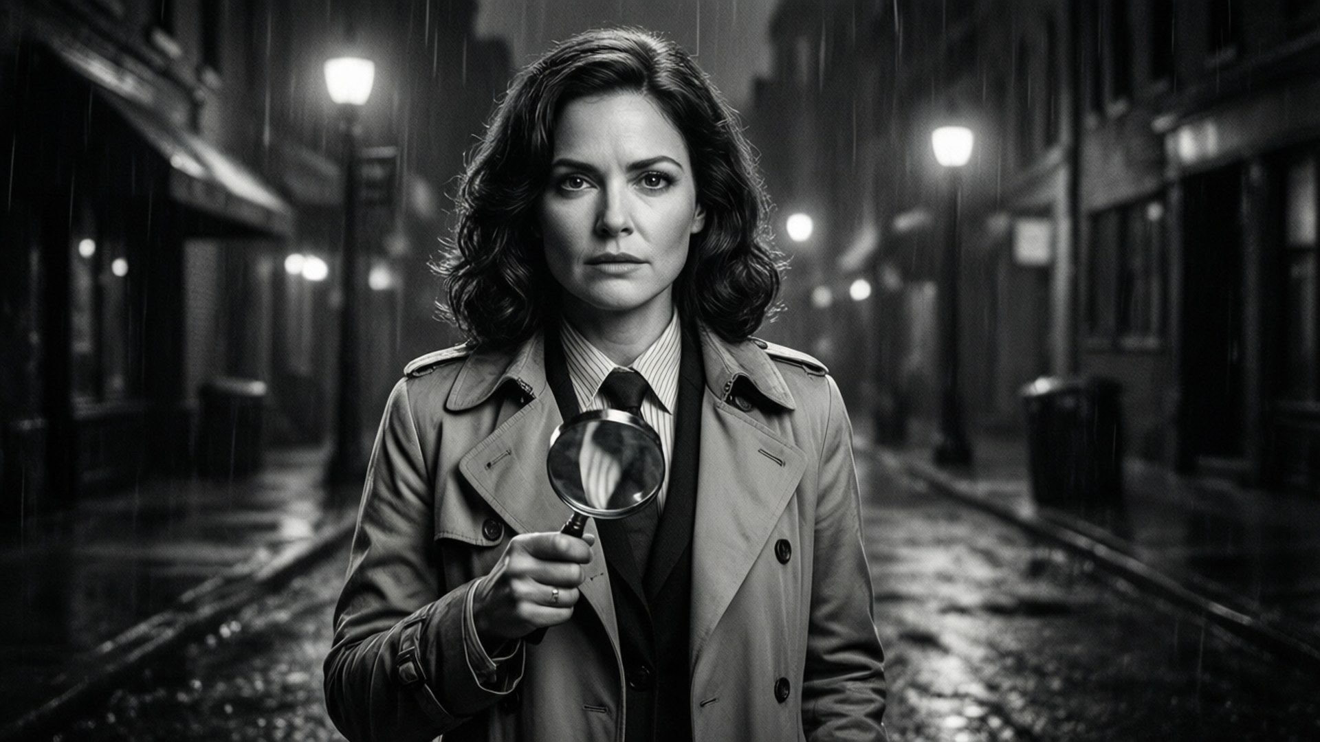 Cobie Smulders, noir detective, black and white, Full HD Desktop Wallpaper