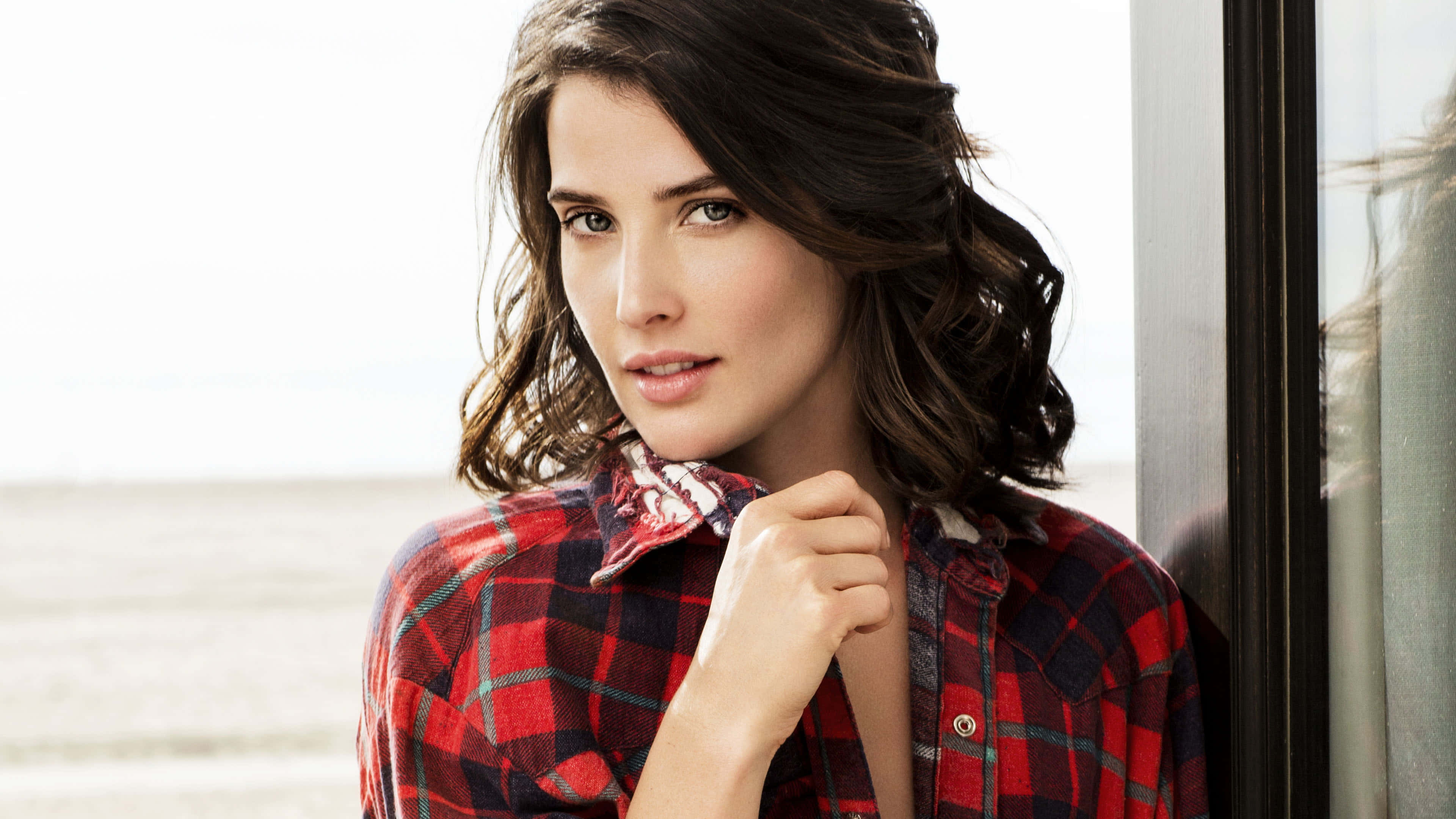 Cobie Smulders, red plaid shirt, window, 4K Desktop Wallpaper