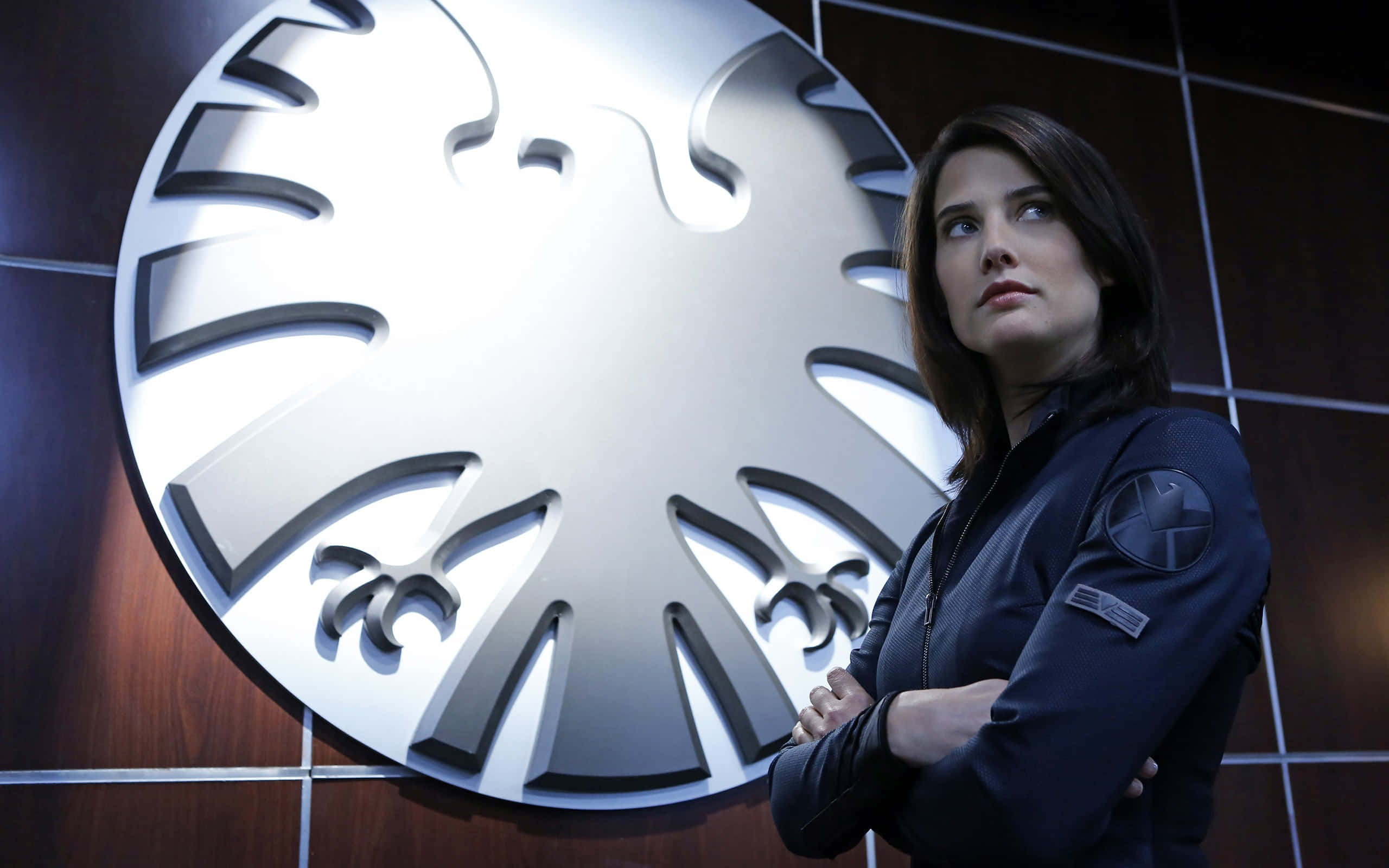 Cobie Smulders, dark uniform, glowing silver SHIELD emblem, 2K Desktop Wallpaper