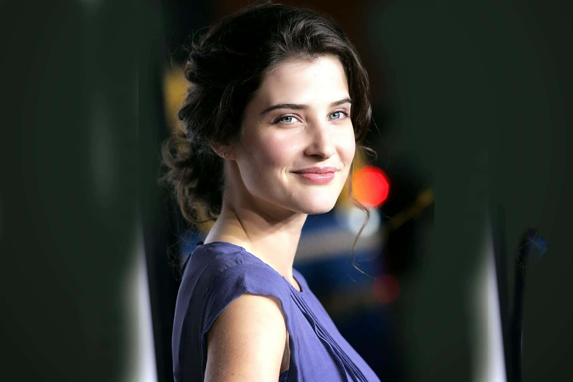 Cobie Smulders, purple dress, warm bokeh lights, Full HD Desktop Wallpaper