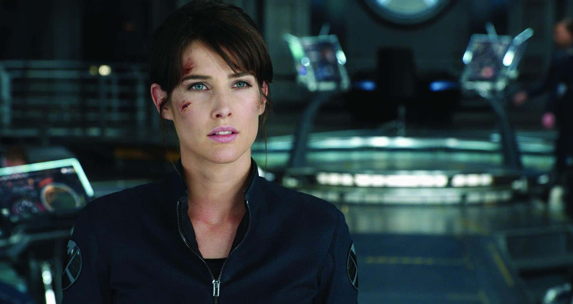 Cobie Smulders, futuristic control room, glowing panels, Full HD Desktop Wallpaper