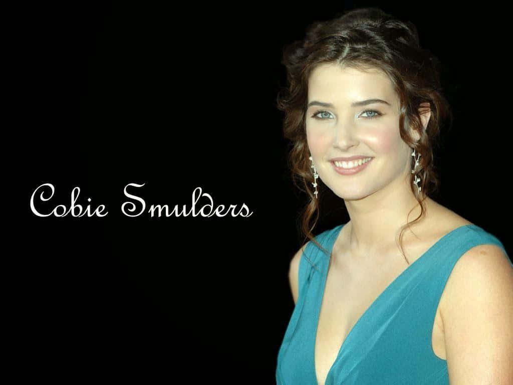 Cobie Smulders, teal dress, stark black background, SD Desktop Wallpaper