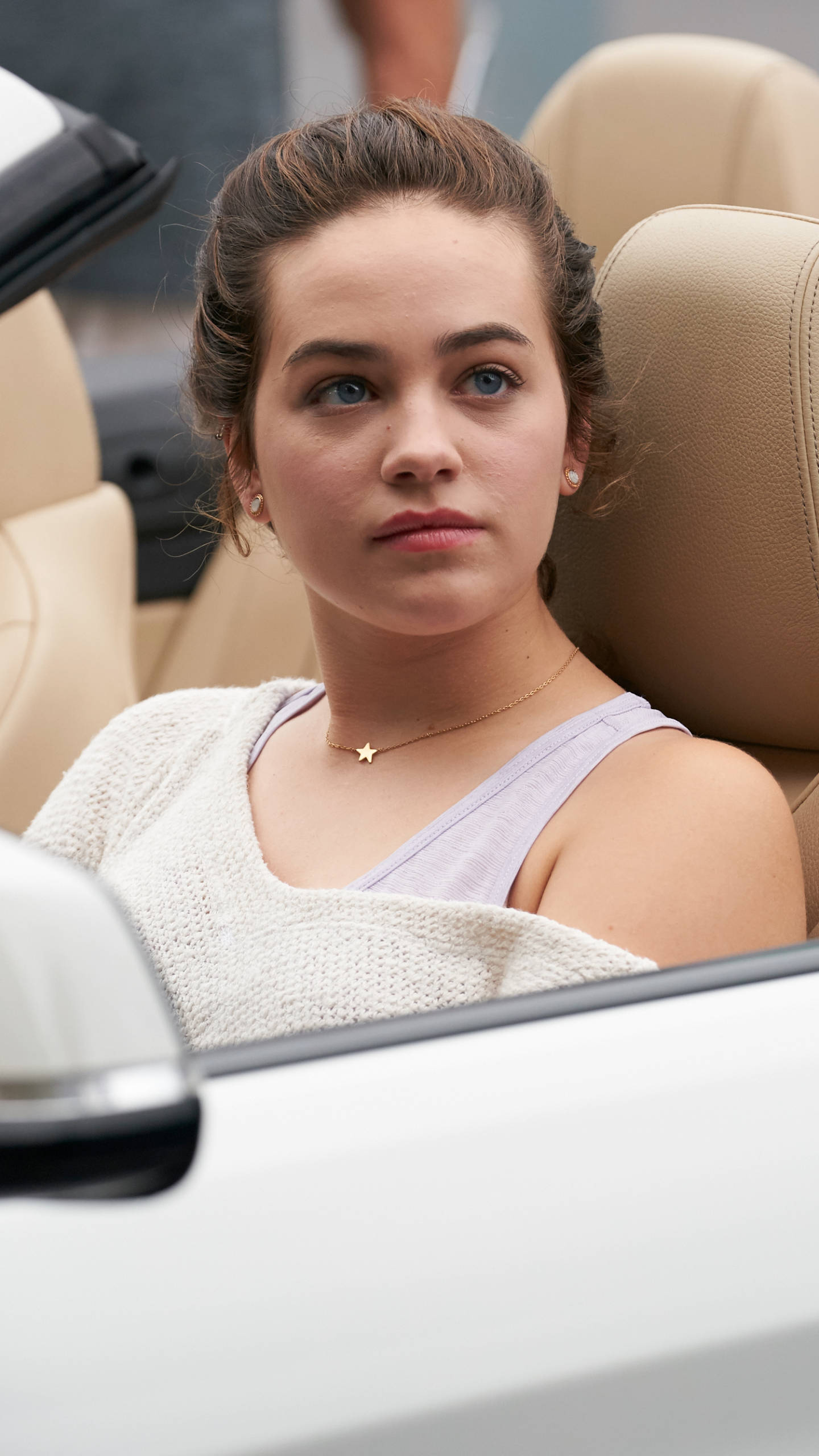 Cobra Kai Phone, beige convertible car, young woman with blue eyes, 2K Phone Wallpaper