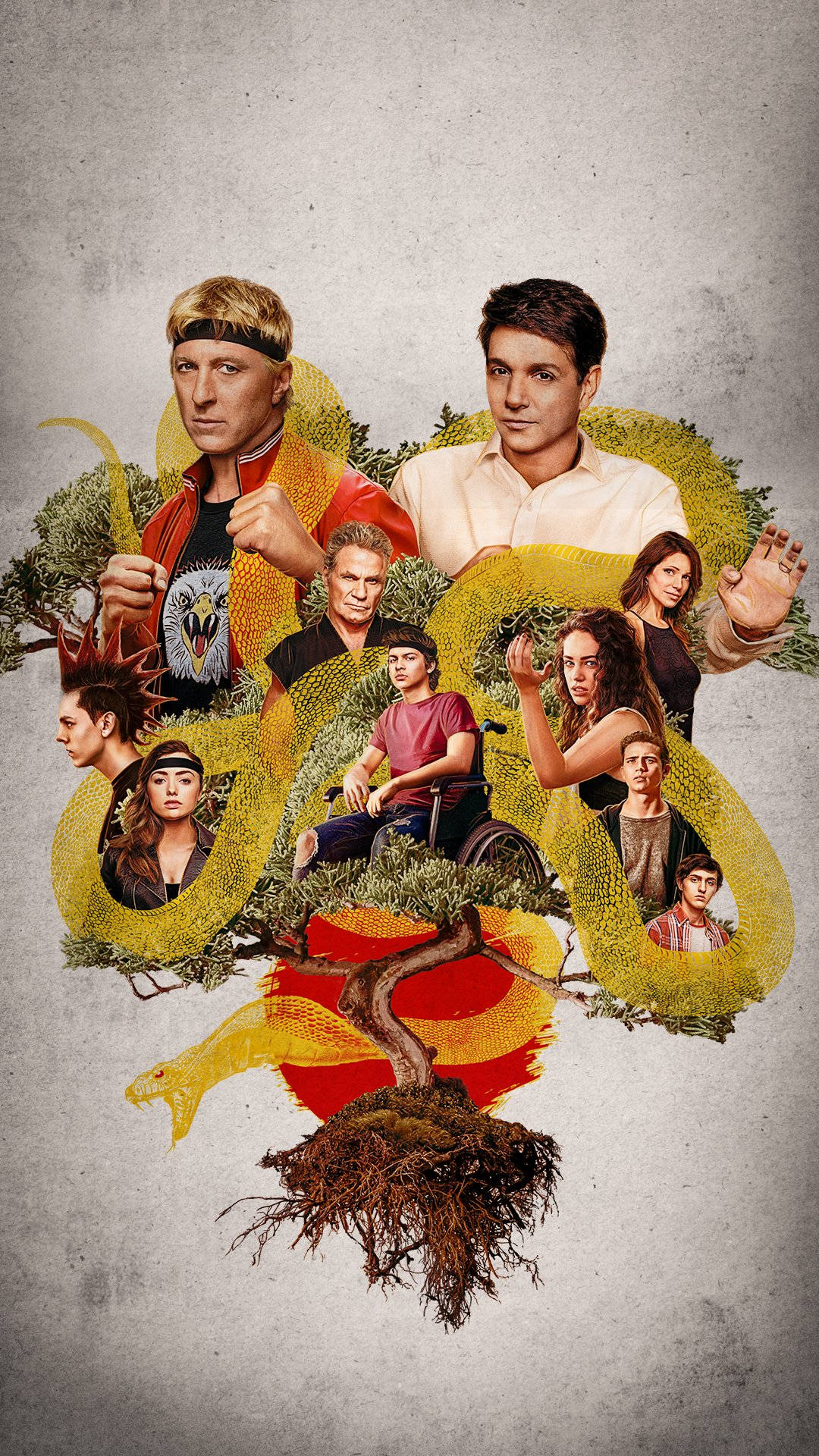 Cobra Kai Phone, yellow snake, tree stump, Full HD Phone Wallpaper