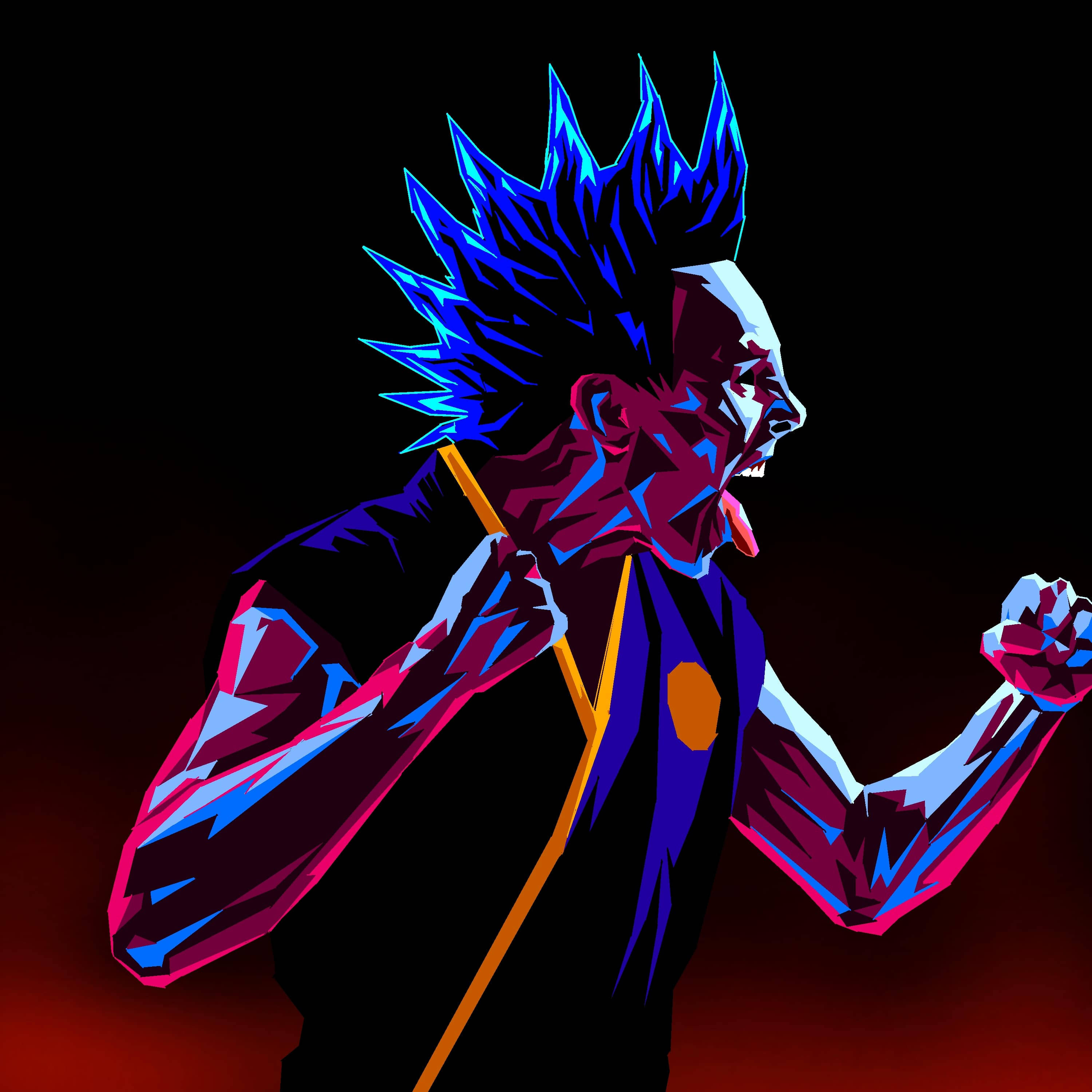 Cobra Kai, electric blue spiky hair, glowing pink and blue skin, 2K Desktop Wallpaper