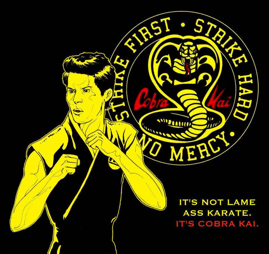 Cobra Kai logo, black background, yellow illustrated martial artist, SD Desktop Wallpaper