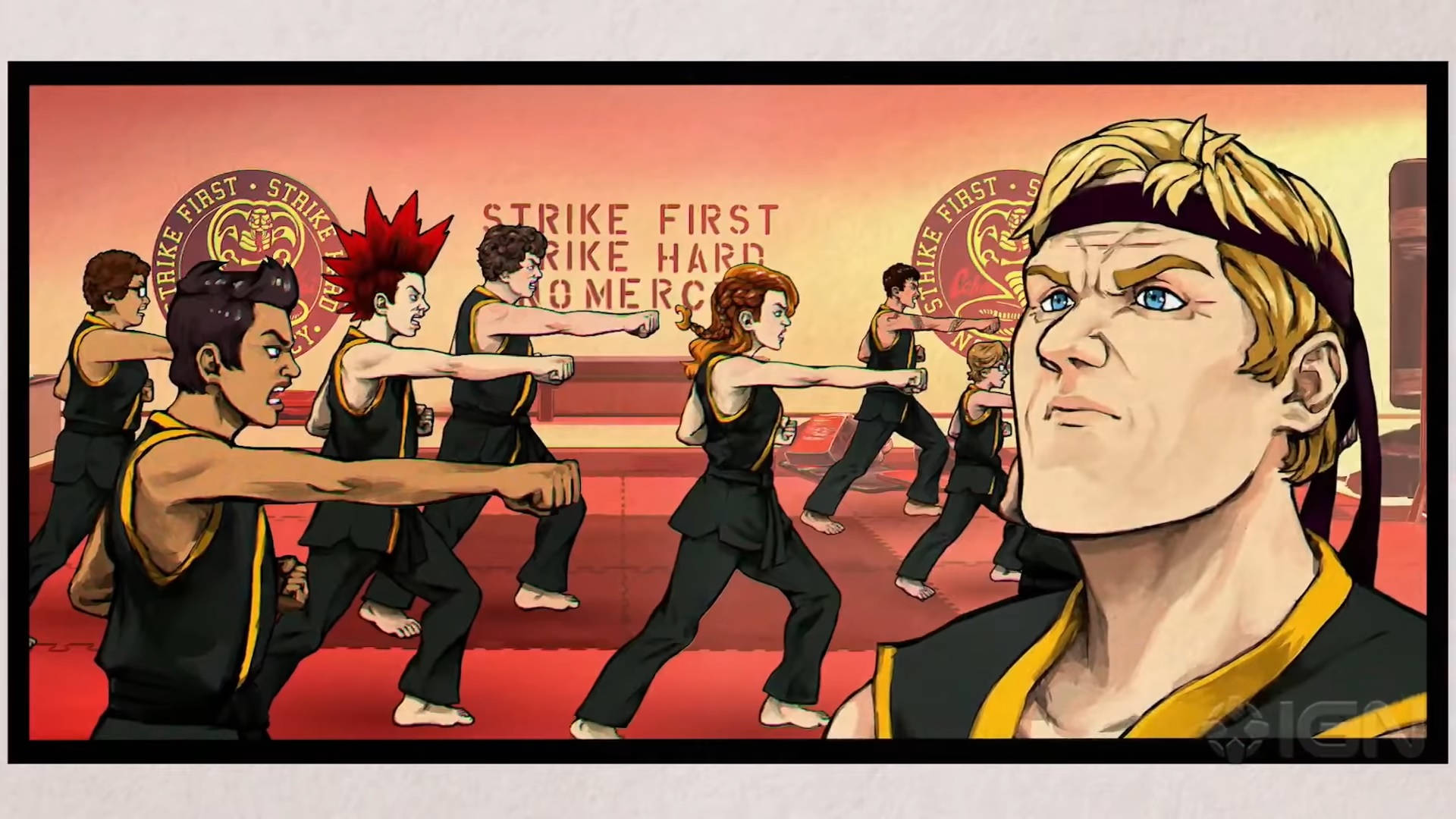 Cobra Kai, black and yellow uniforms, red mats, Full HD Desktop Wallpaper