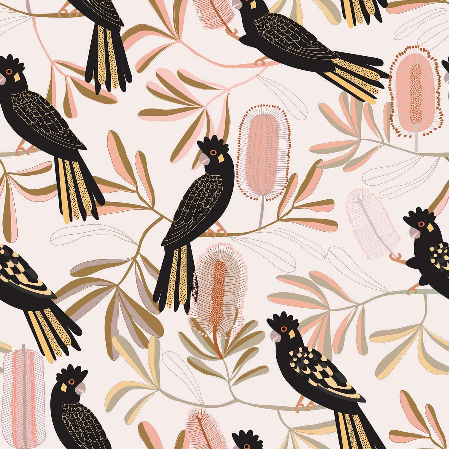 Cockatoo, gold-tipped tails, pink and beige Australian flora, HD Desktop Wallpaper