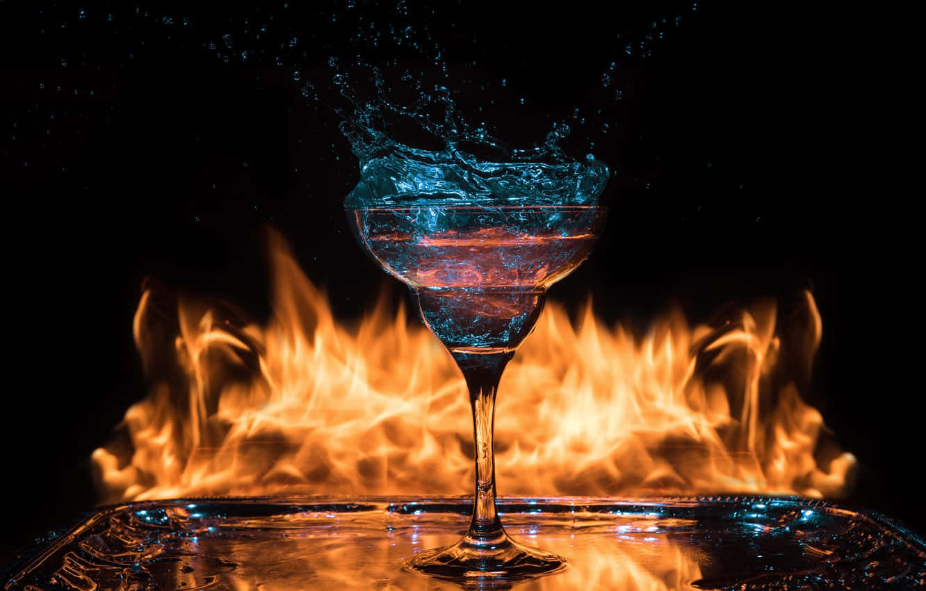 pink martini, blue liquid, orange flames, HD Desktop Wallpaper