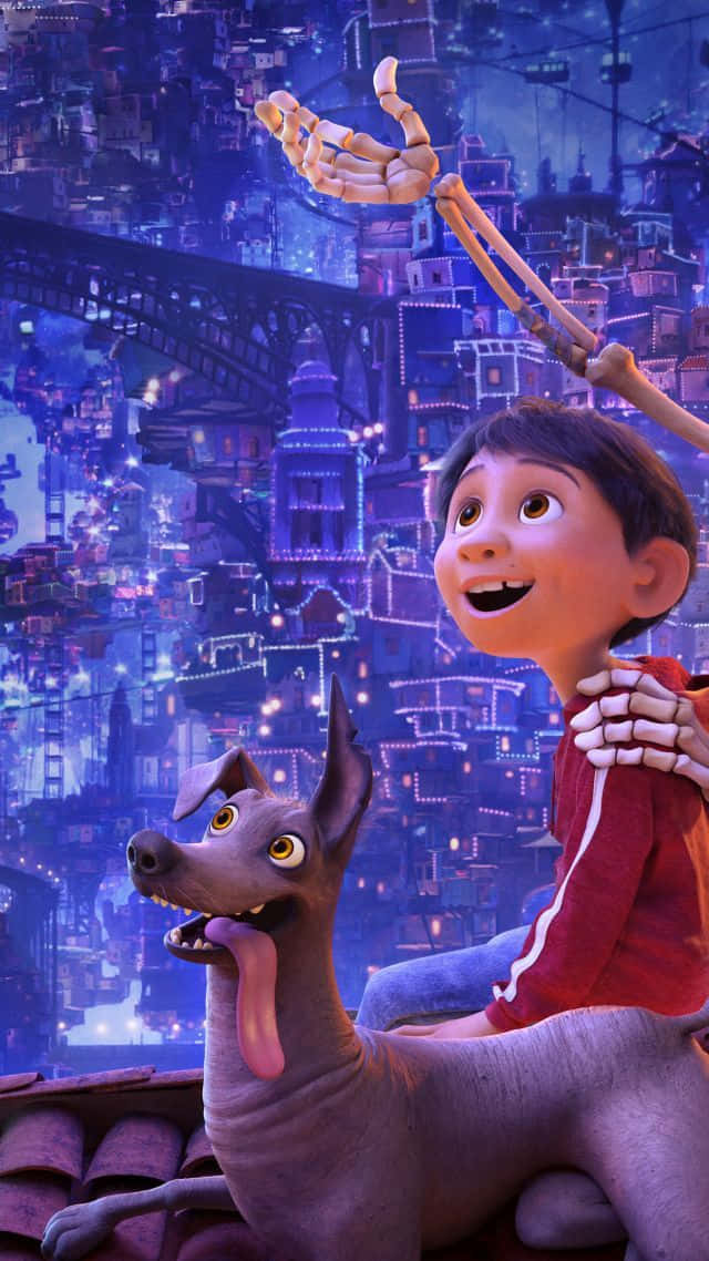 Coco Disney, purple neon cityscape, skeletal hands, SD Phone Wallpaper