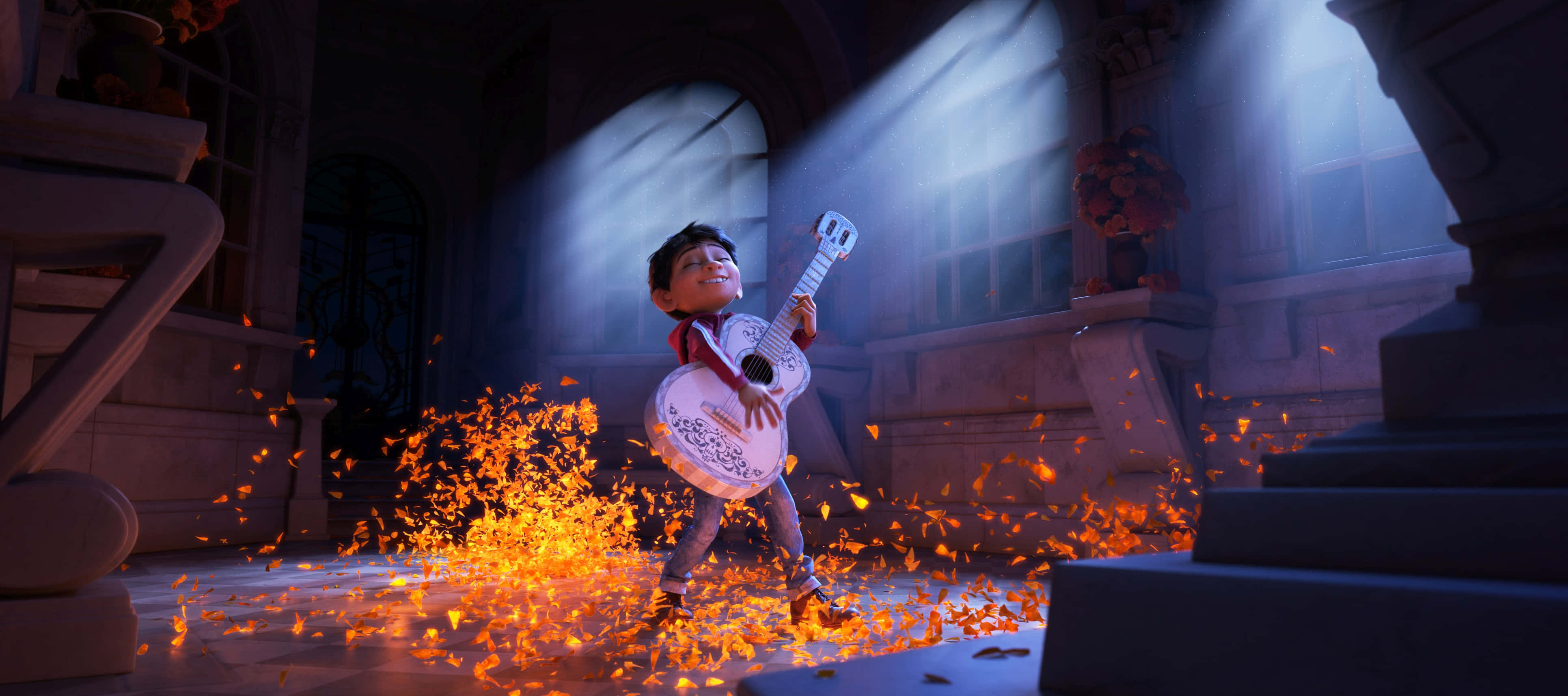 Coco Disney, white guitar, golden-orange petals, 4K Desktop Wallpaper