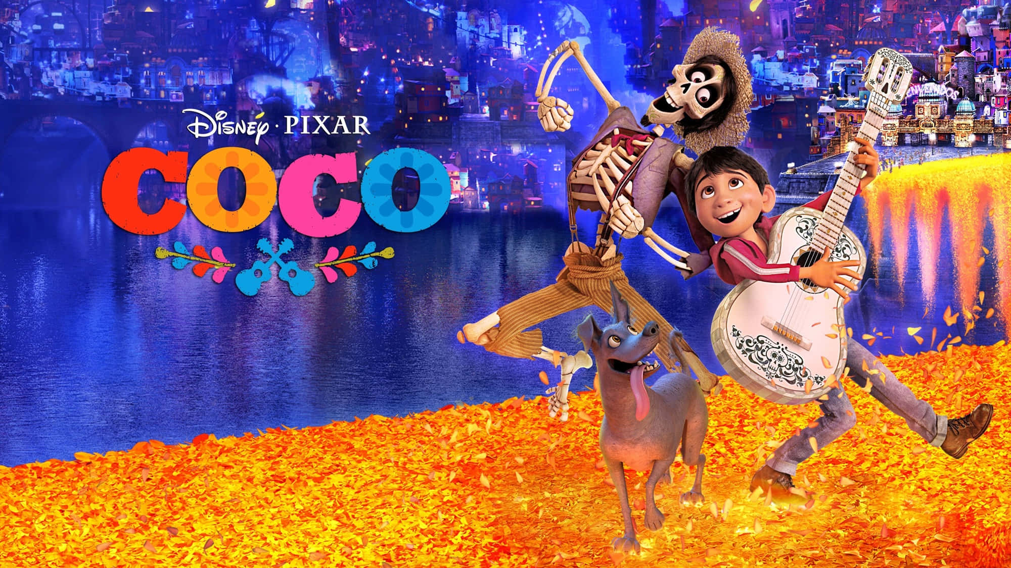 Coco Disney, marigolds, glowing cityscape, Full HD Desktop Wallpaper