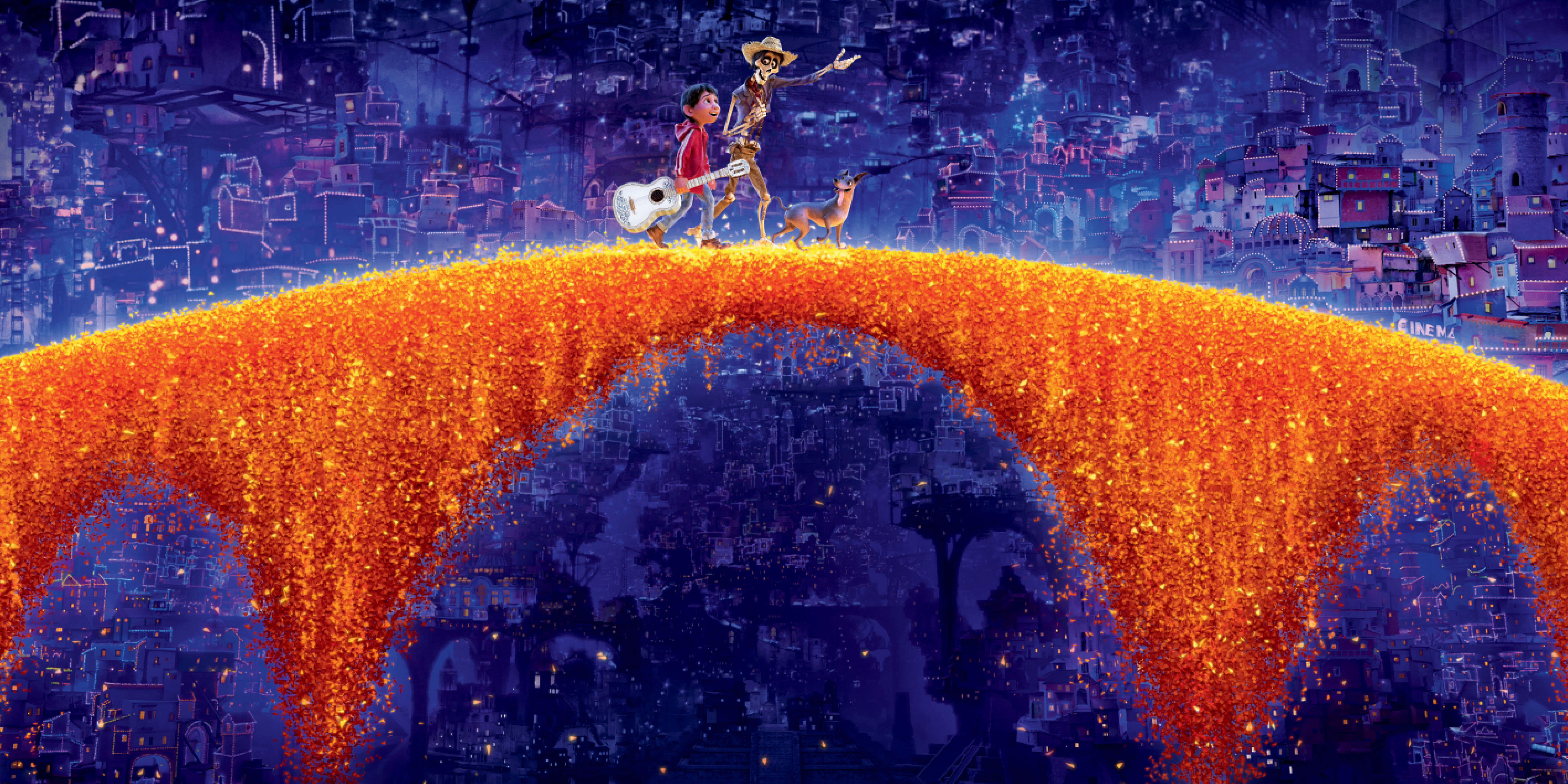 Coco Disney, marigold bridge, glowing orange, 8K Desktop Wallpaper