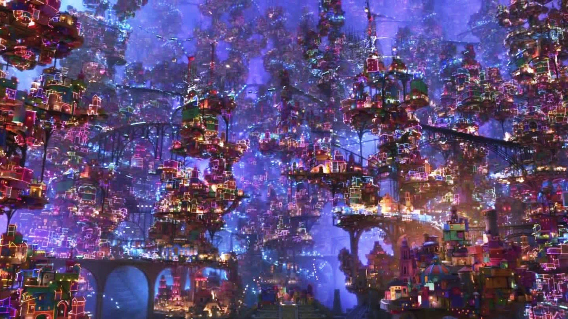 Coco, Colorful Land of Dead, glowing buildings, Full HD Desktop Wallpaper