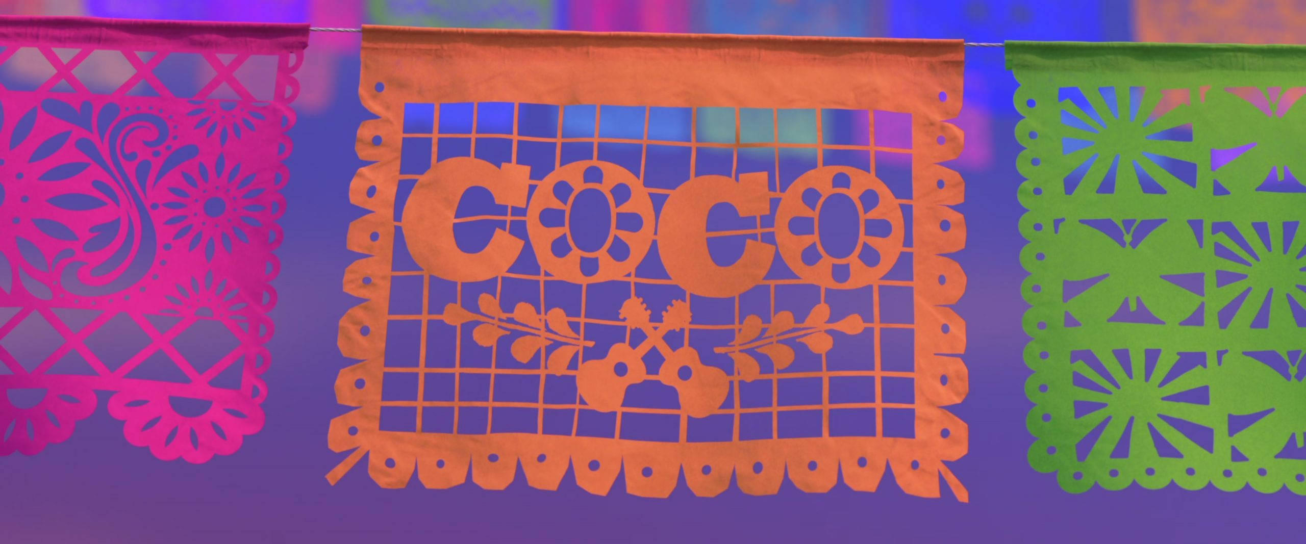 COCO, guitar cutouts, papel picado banners, 2K Desktop Wallpaper
