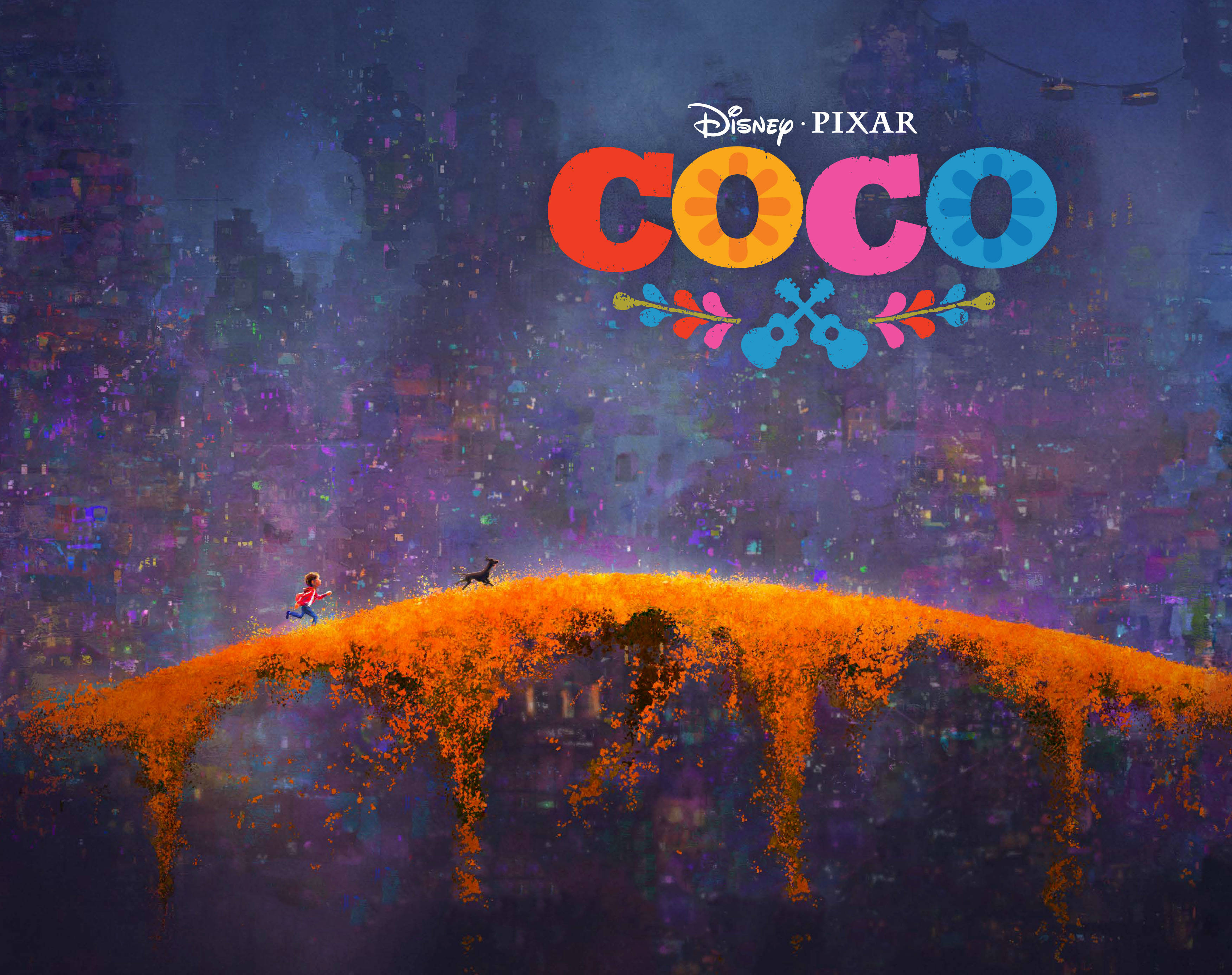 Coco, marigold bridge, glowing orange bridge, 2K Desktop Wallpaper