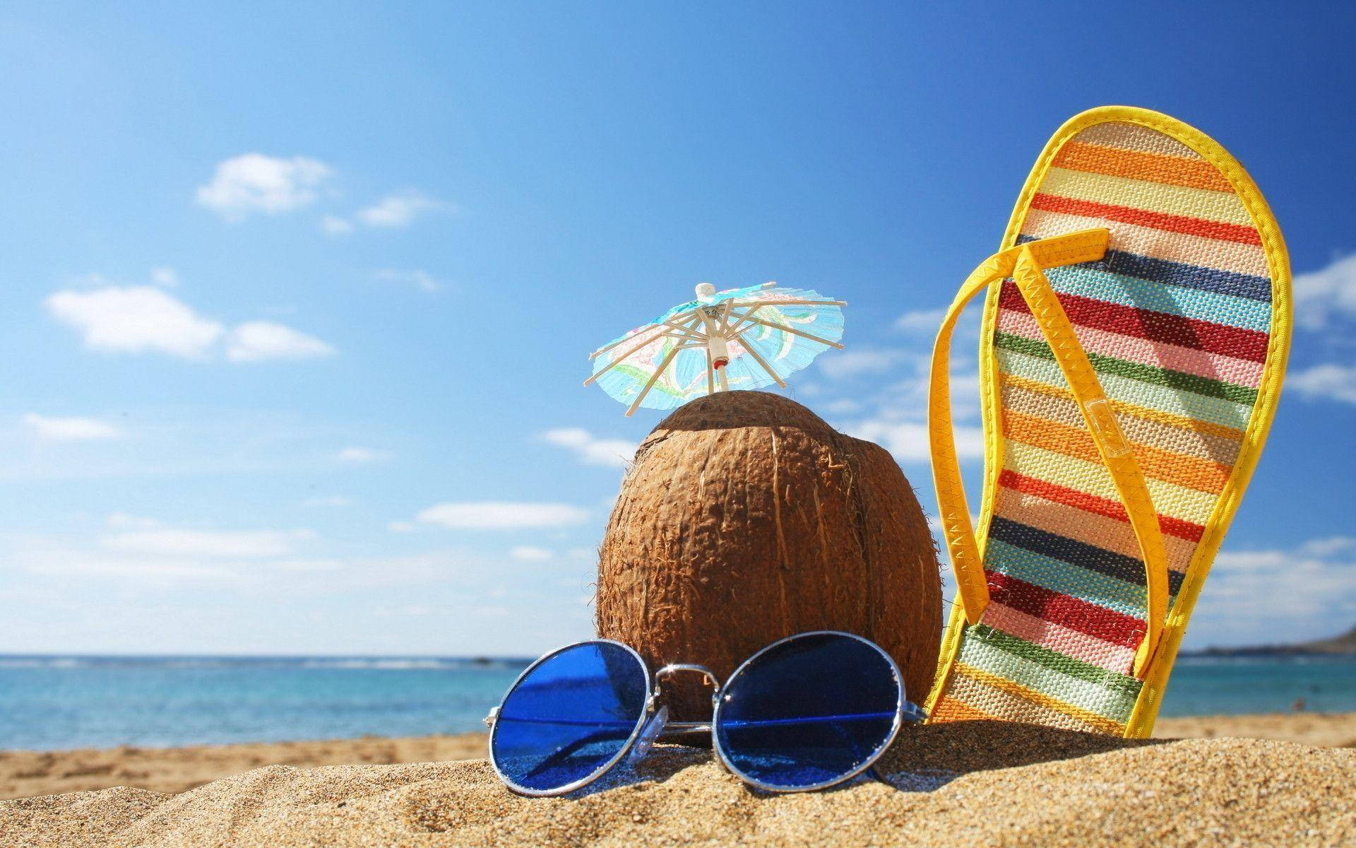 coconut drink, umbrella sunglasses, striped flip flops, Full HD Desktop Wallpaper